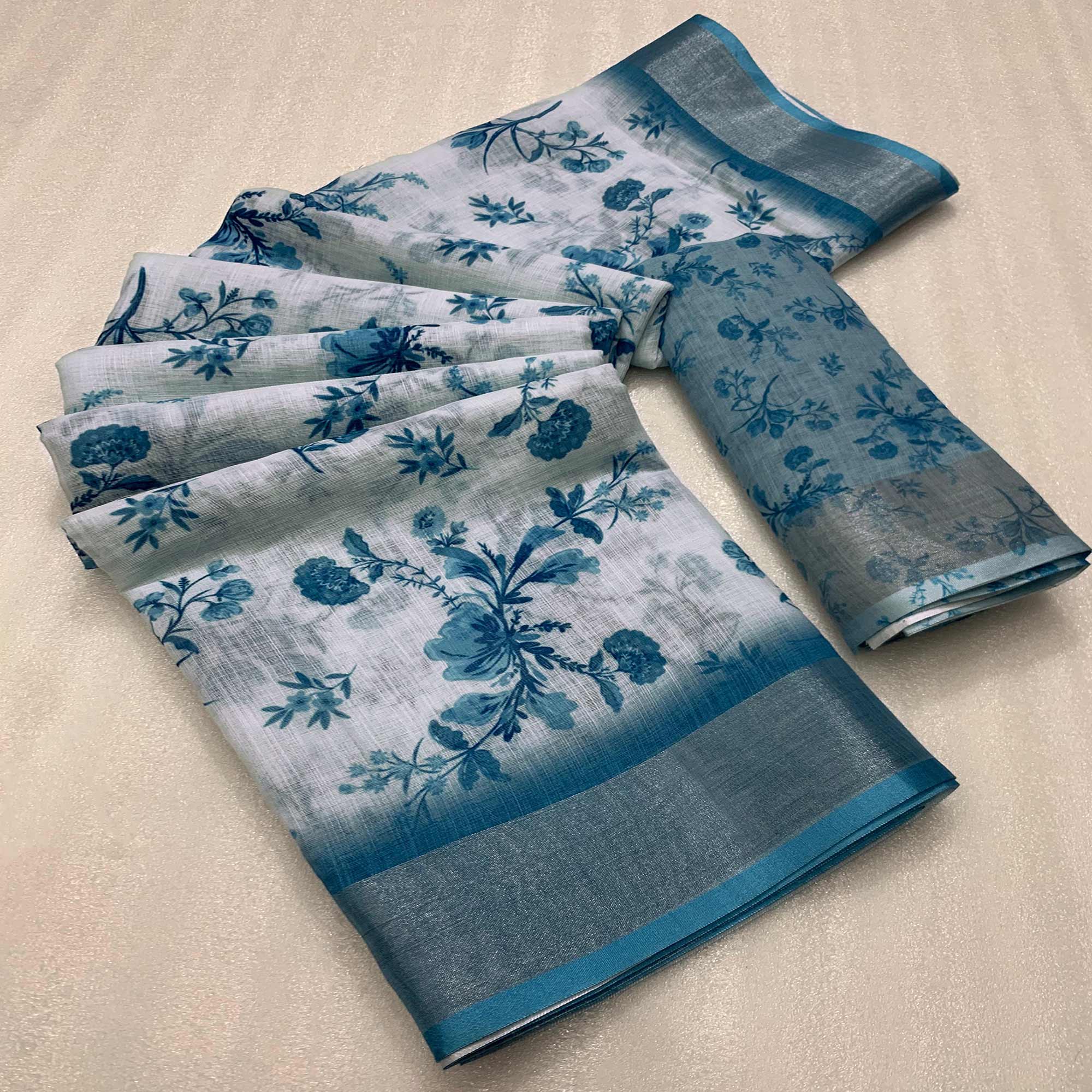 Teal Floral Digital Printed Linen Saree