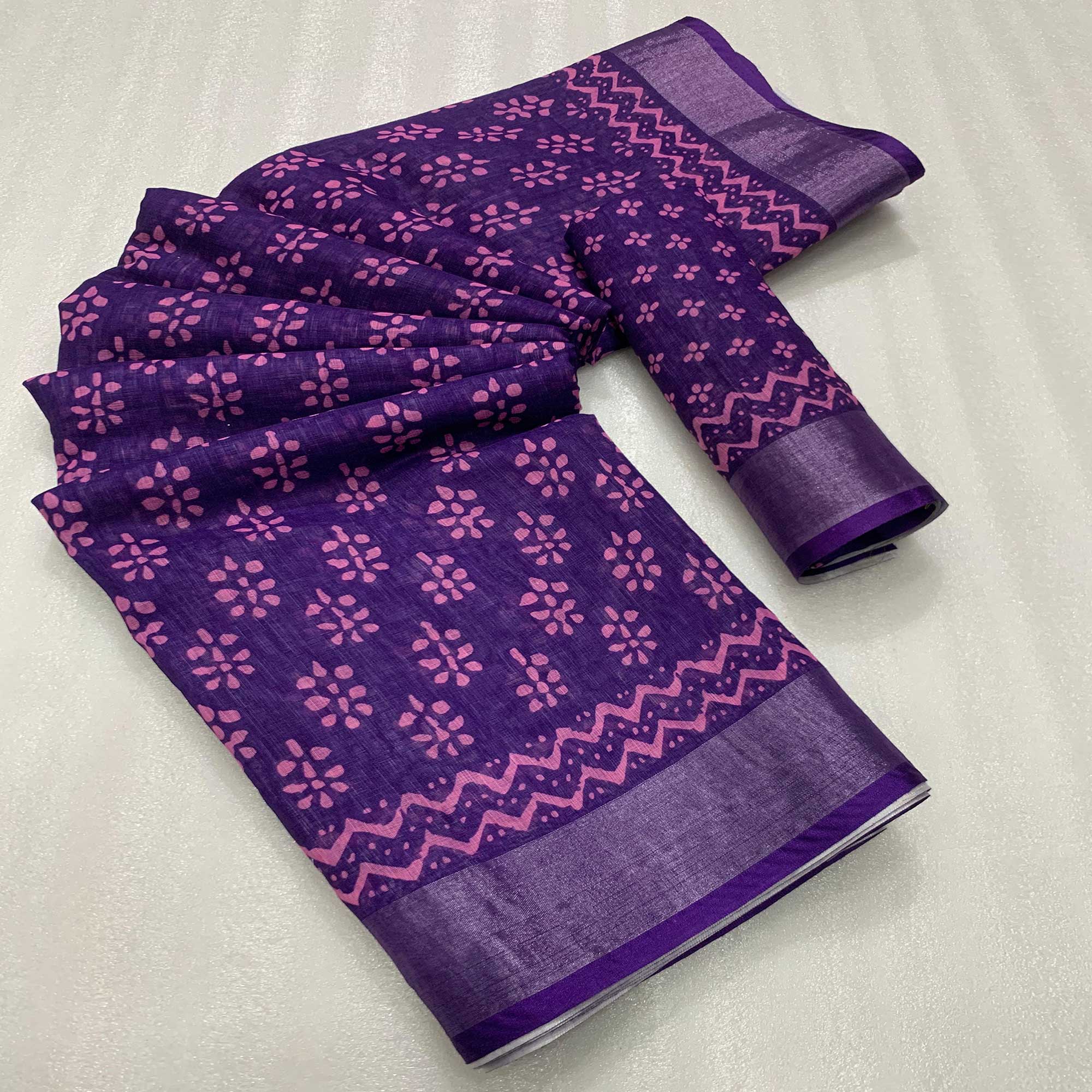 Violet Floral Digital Printed Linen Saree