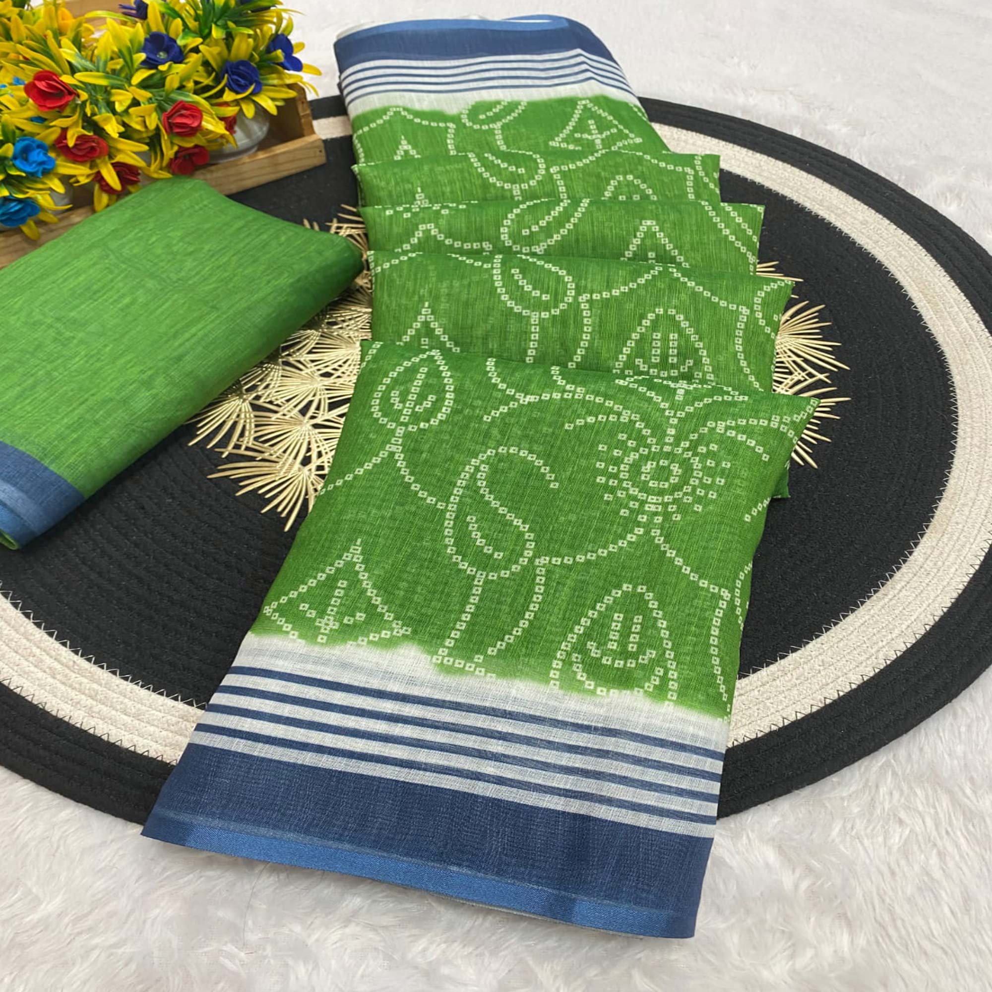 Green Pure Linen Saree with Authentic Bandhani Print
