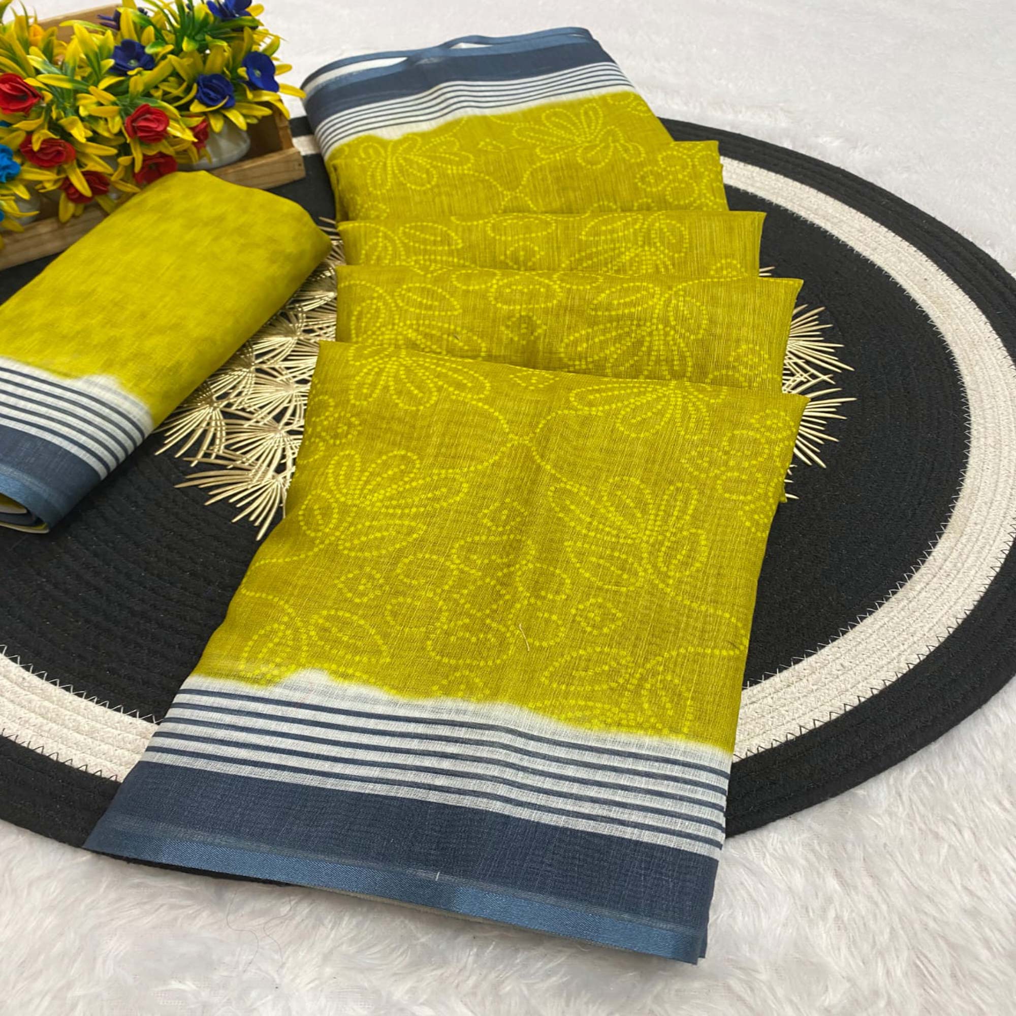 Olive Pure Linen Saree with Authentic Bandhani Print