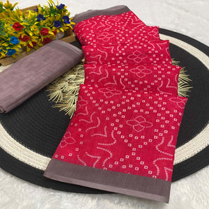 Pink Pure Linen Saree with Authentic Bandhani Print