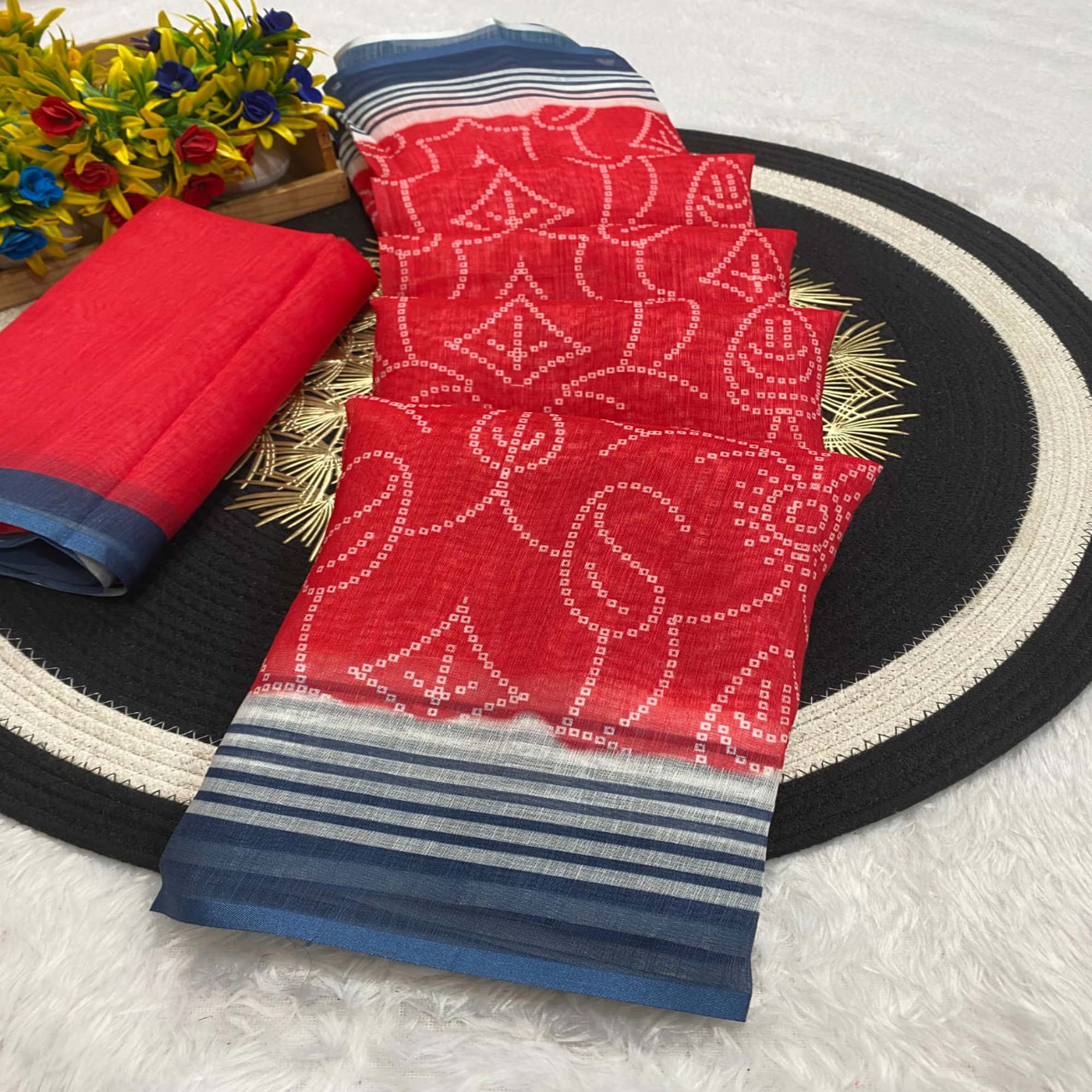 Red Pure Linen Saree with Authentic Bandhani Print