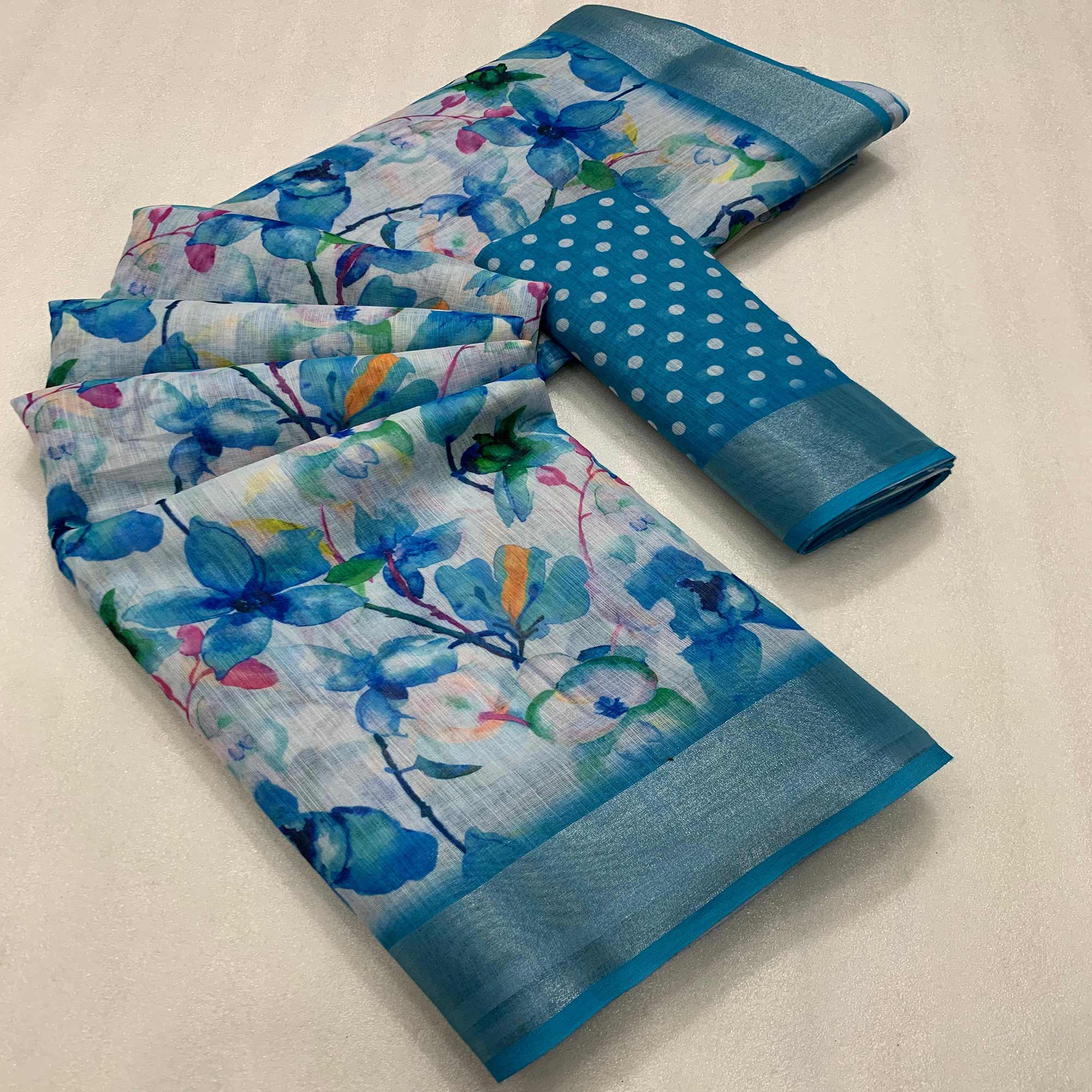 Blue Floral Digital Printed Linen Saree