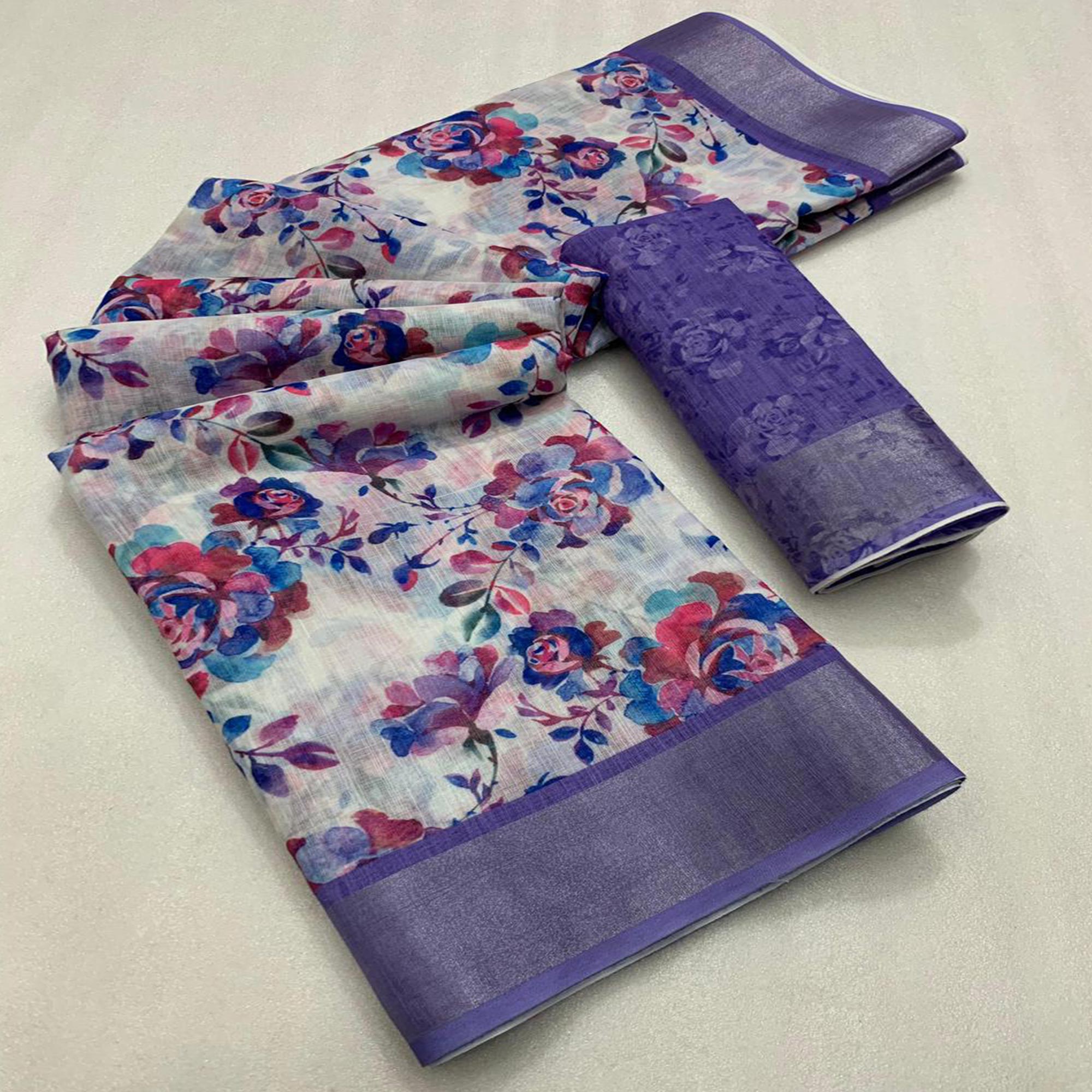 Offwhite & Purple Floral Digital Printed Linen Saree