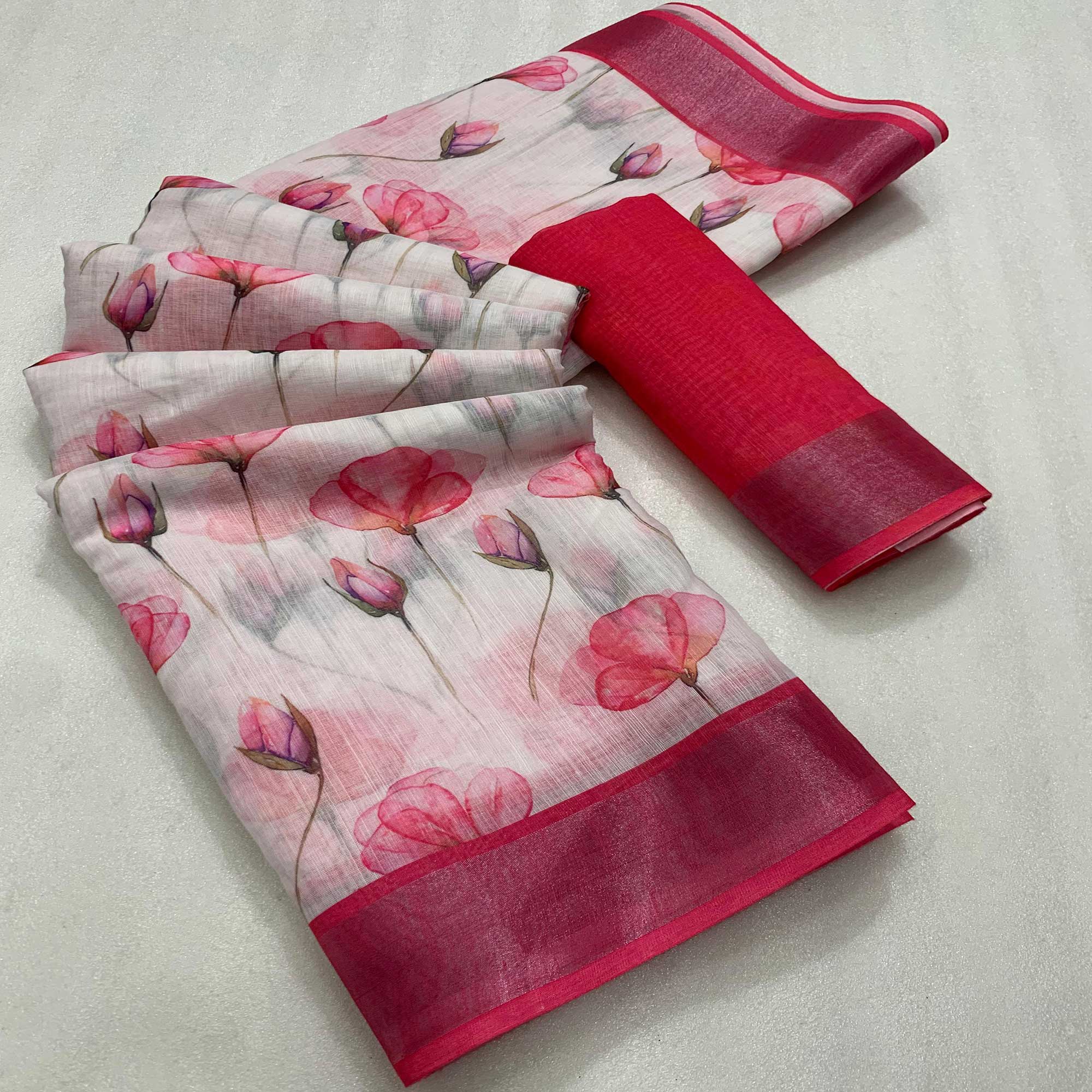 Pink Floral Digital Printed Linen Saree