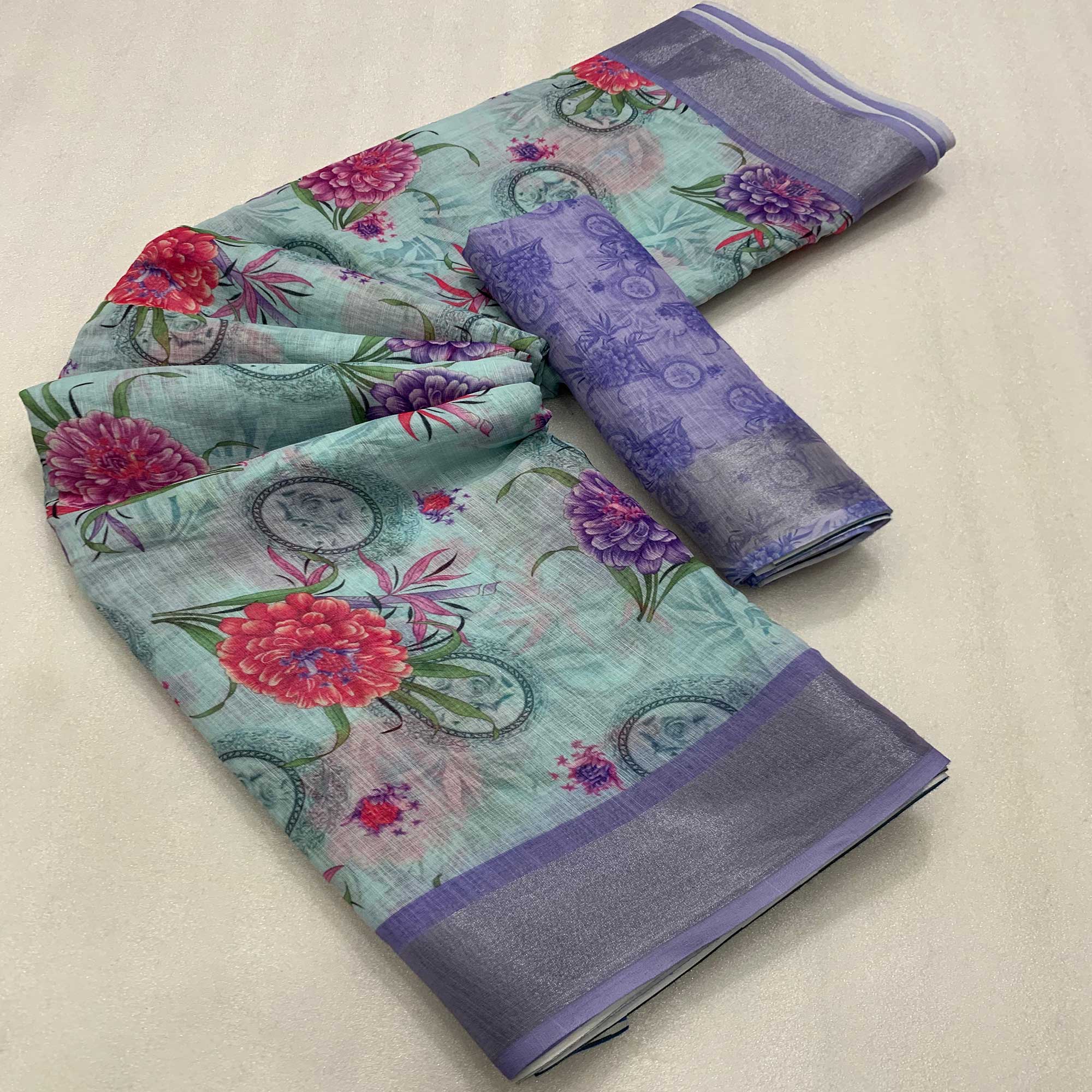 Pista Green & Lavender Floral Digital Printed Linen Saree