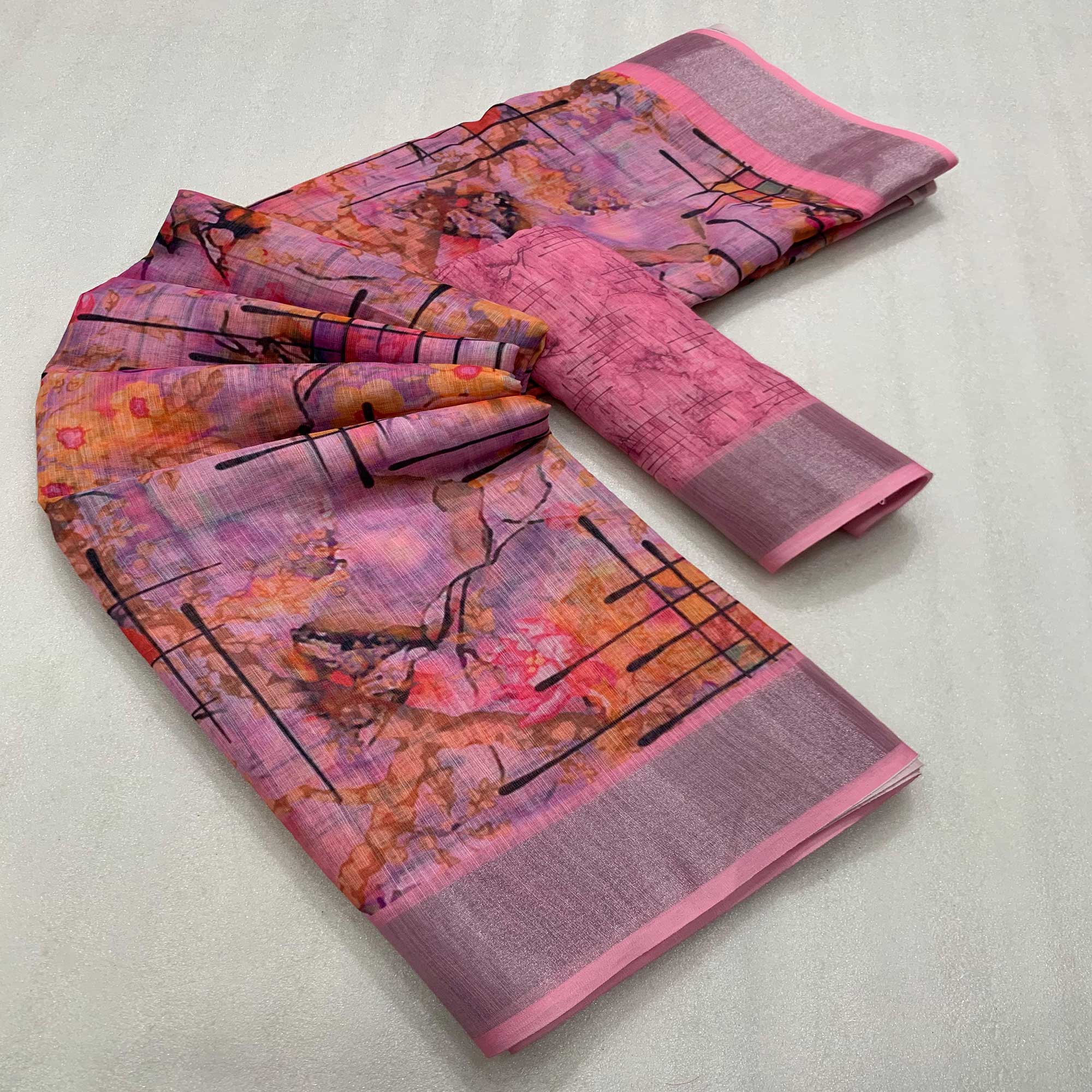 Pink & Purple Floral Digital Printed Linen Saree