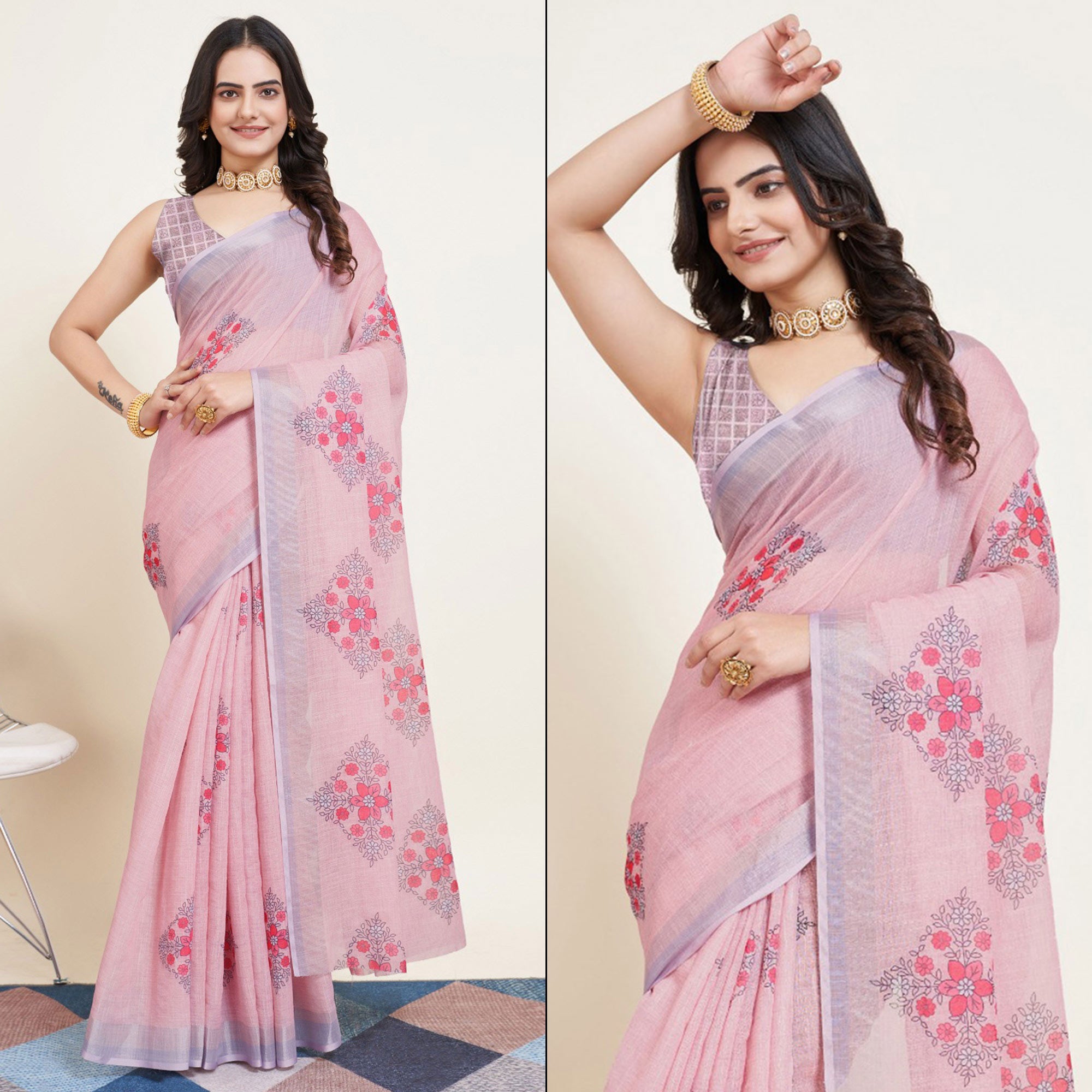 Light Peach Floral Printed Linen Saree