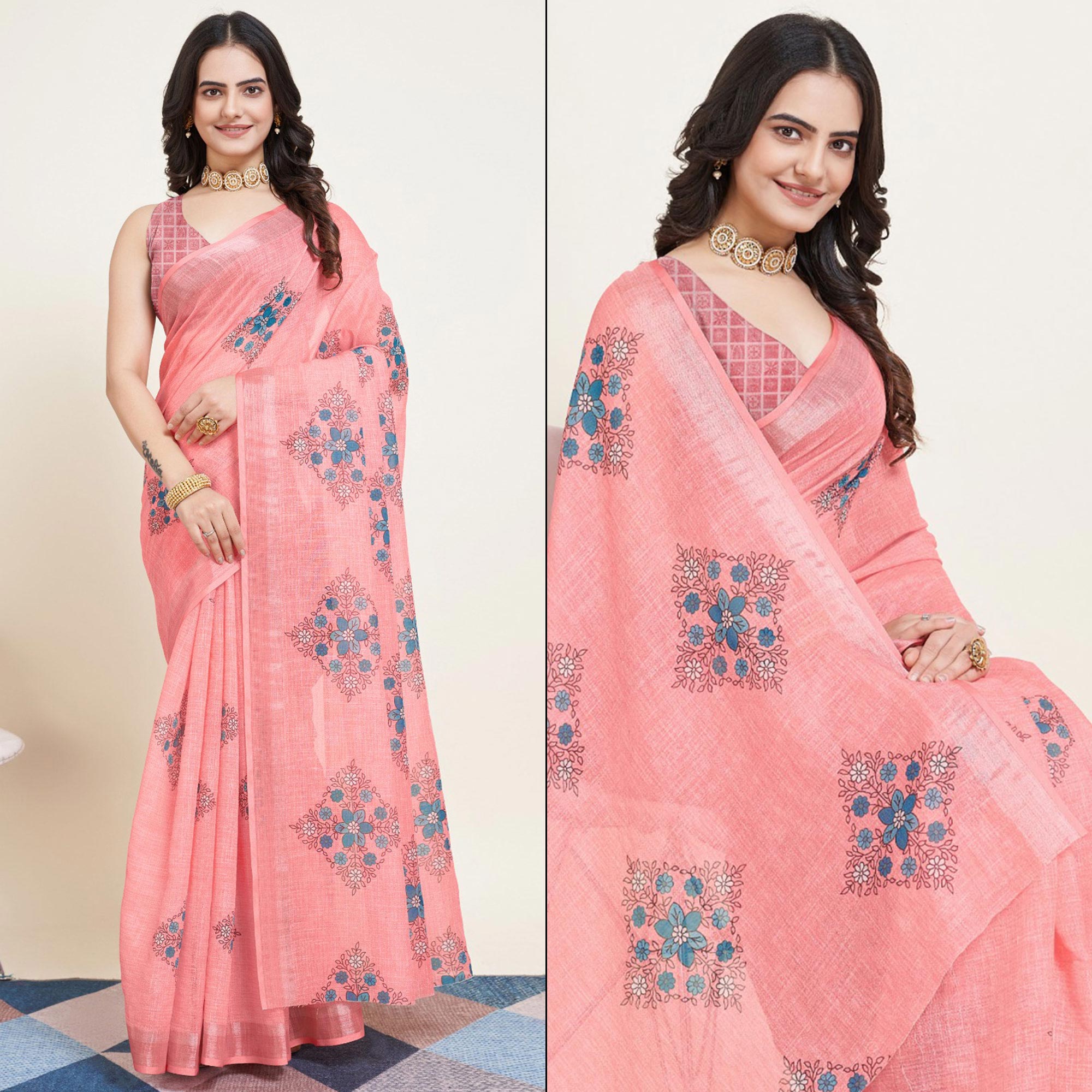 Peach Floral Printed Linen Saree