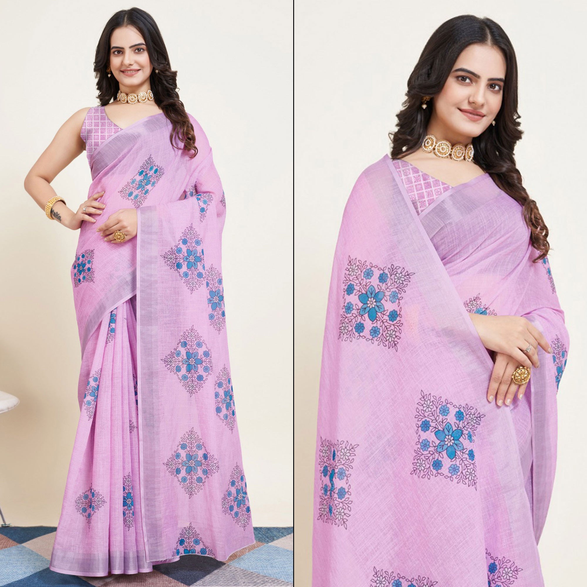 Pink Floral Printed Linen Saree