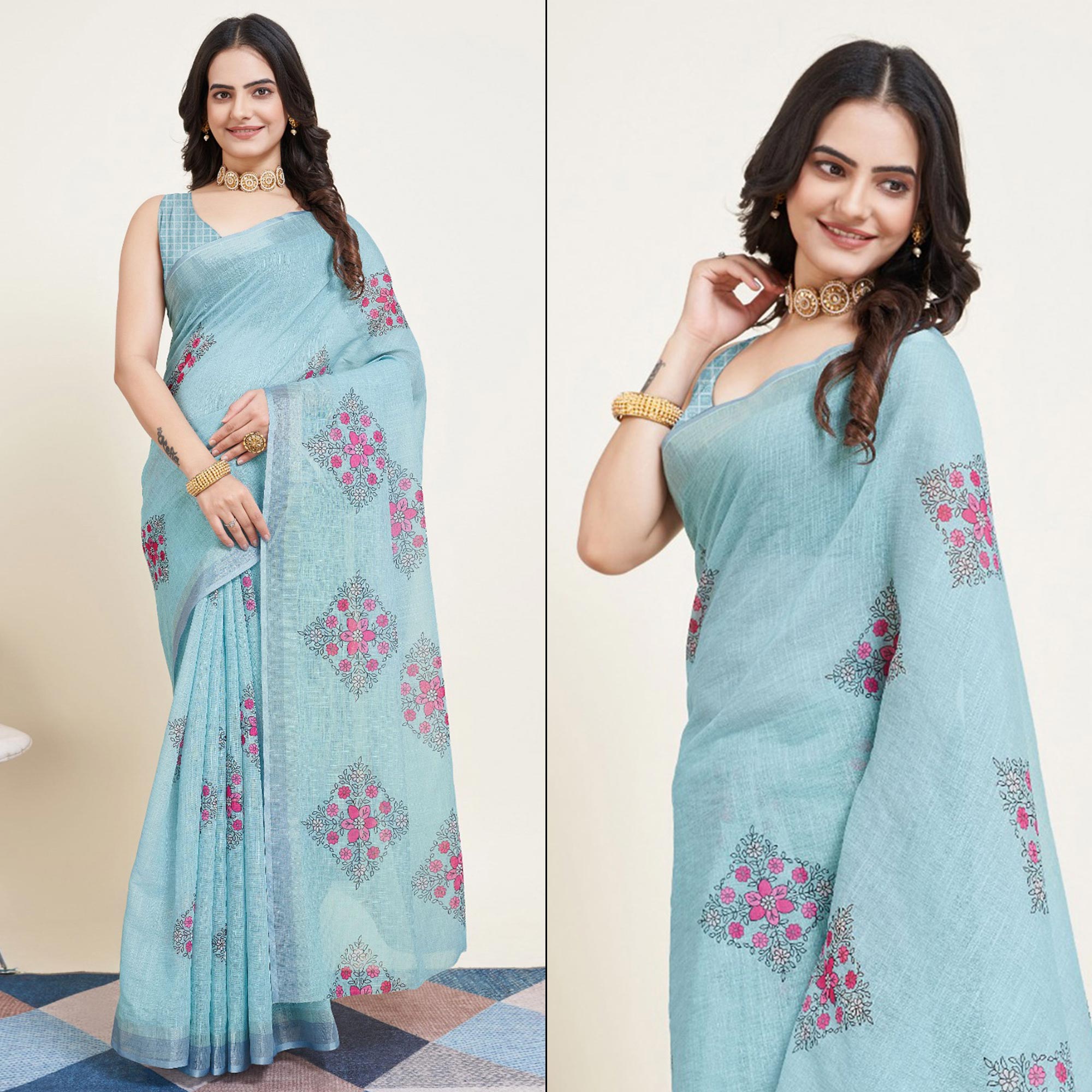 Sky Blue Floral Printed Linen Saree