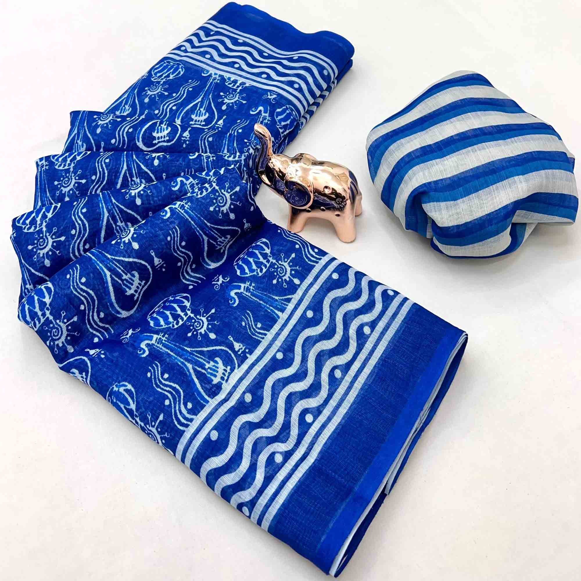 Blue Floral Print Saree in Breathable Pure Linen Fabric