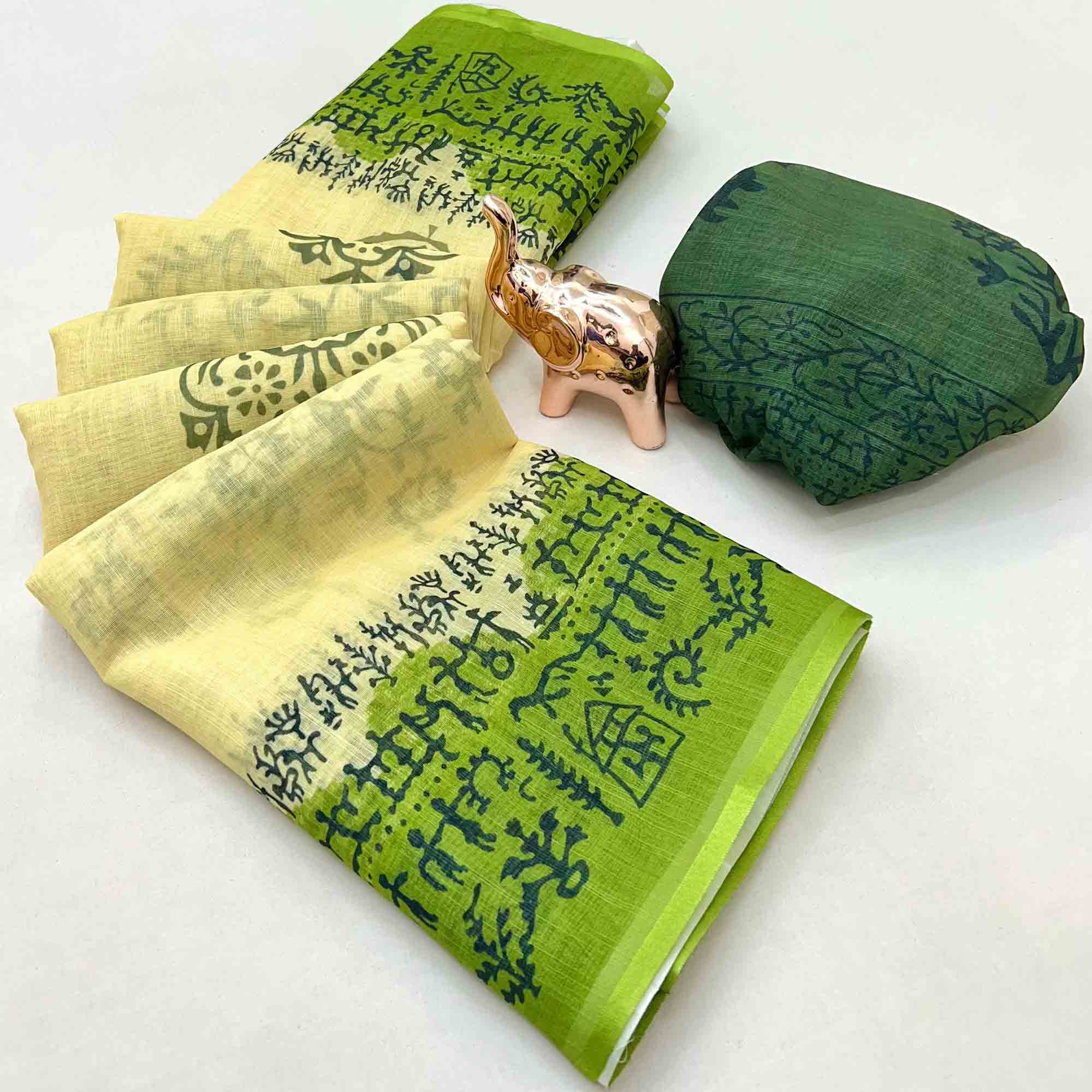 Cream Floral Print Saree in Breathable Pure Linen Fabric