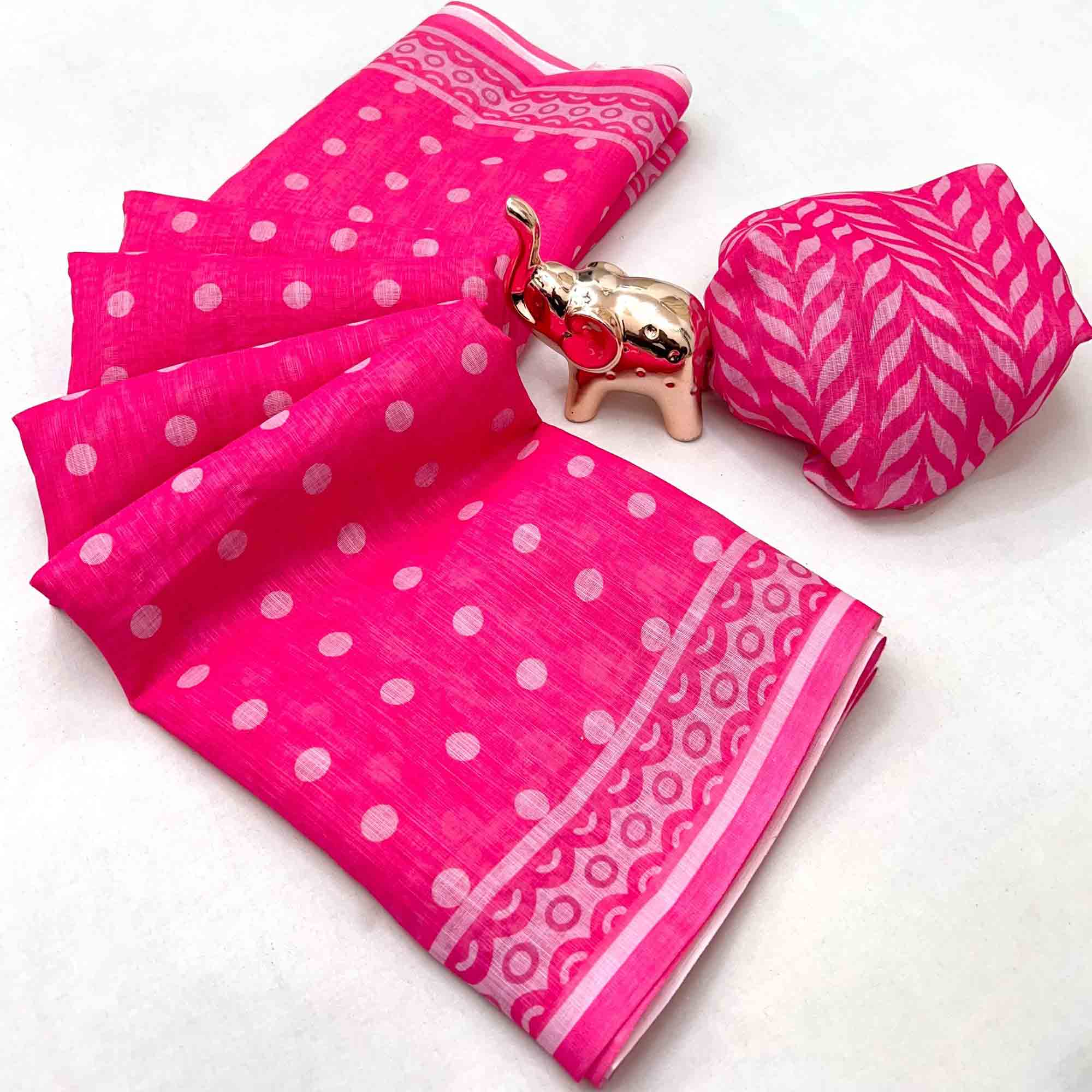 Pink Floral Print Saree in Breathable Pure Linen Fabric