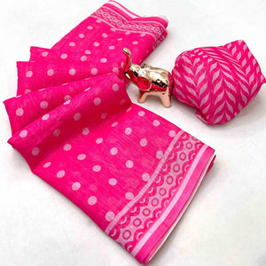 Pink Floral Print Saree in Breathable Pure Linen Fabric