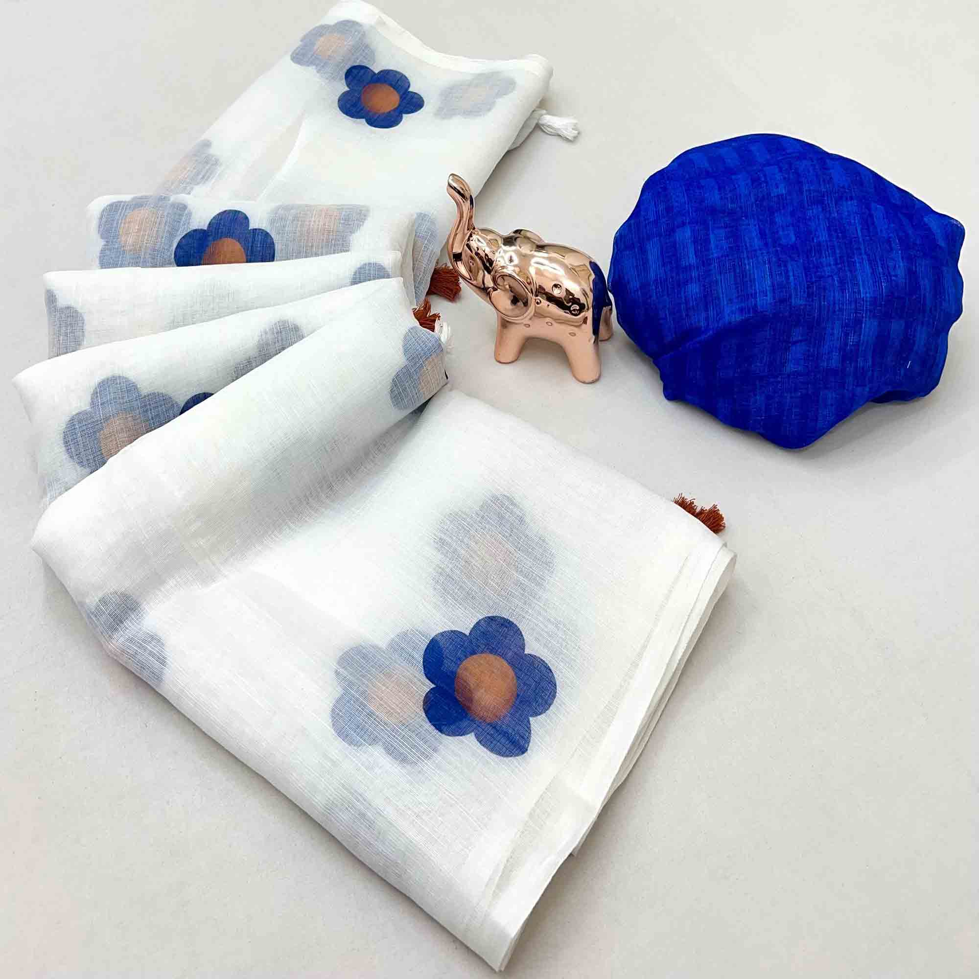 White & Blue Floral Print Saree in Breathable Pure Linen Fabric