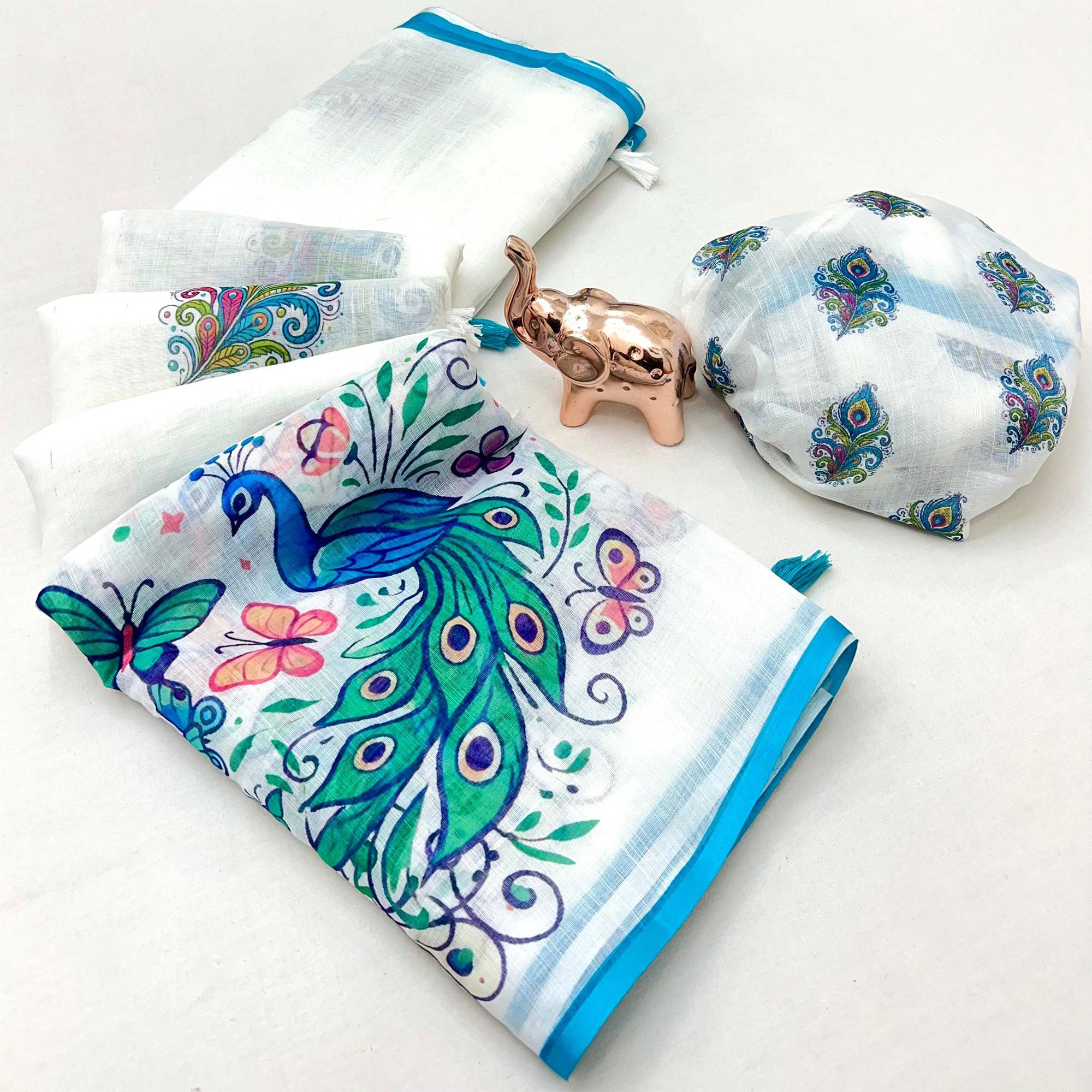 White Soft Linen Saree with Artistic Print