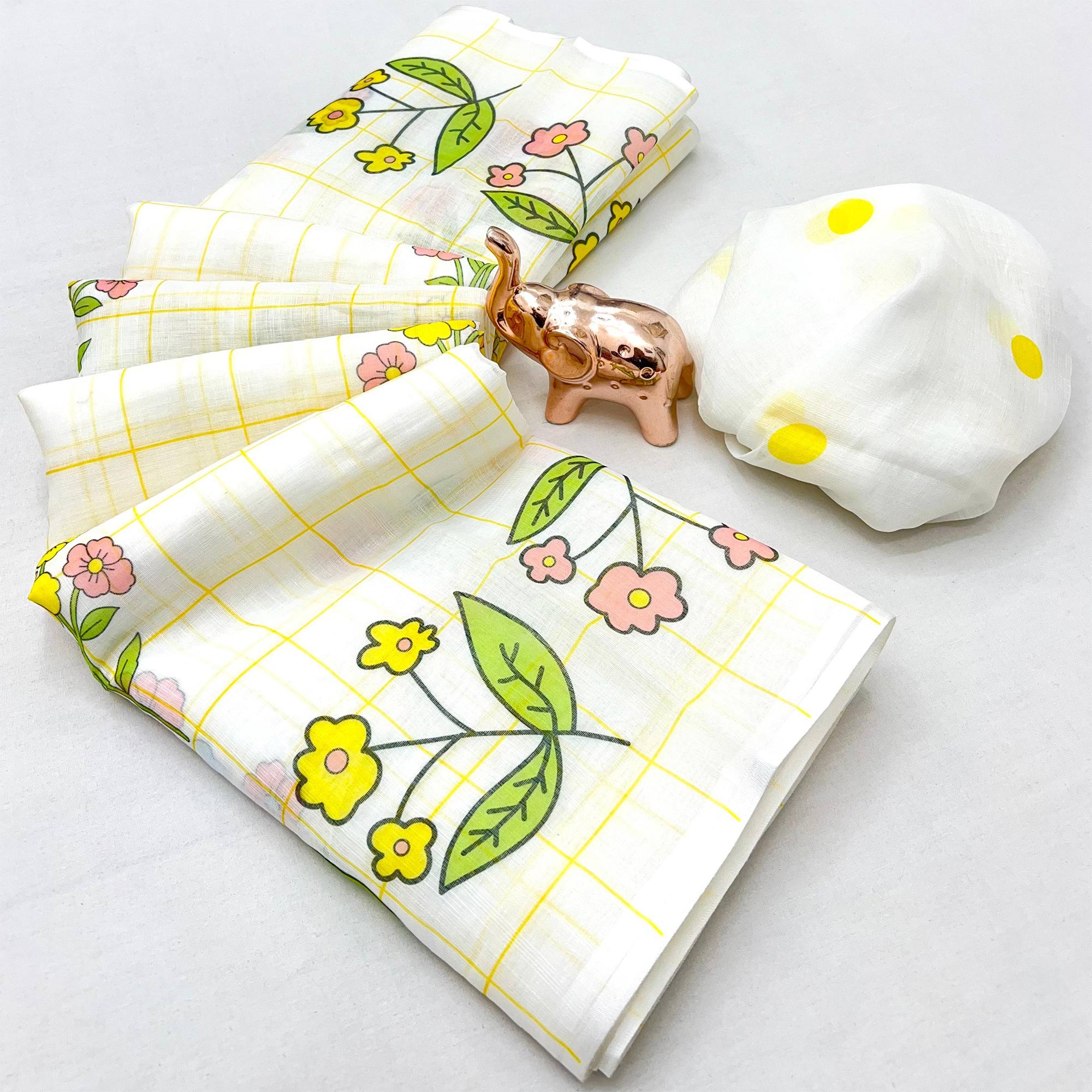 Off White Soft Linen Saree with Artistic Print Detailing