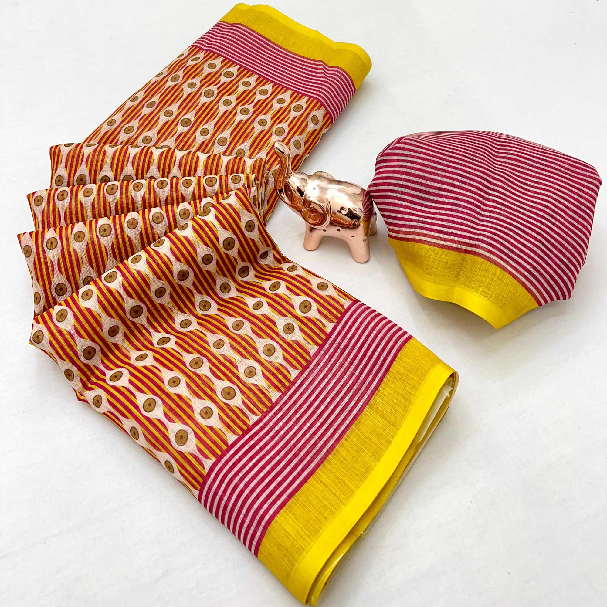 Multicolor Soft Linen Saree with Artistic Print Detailing