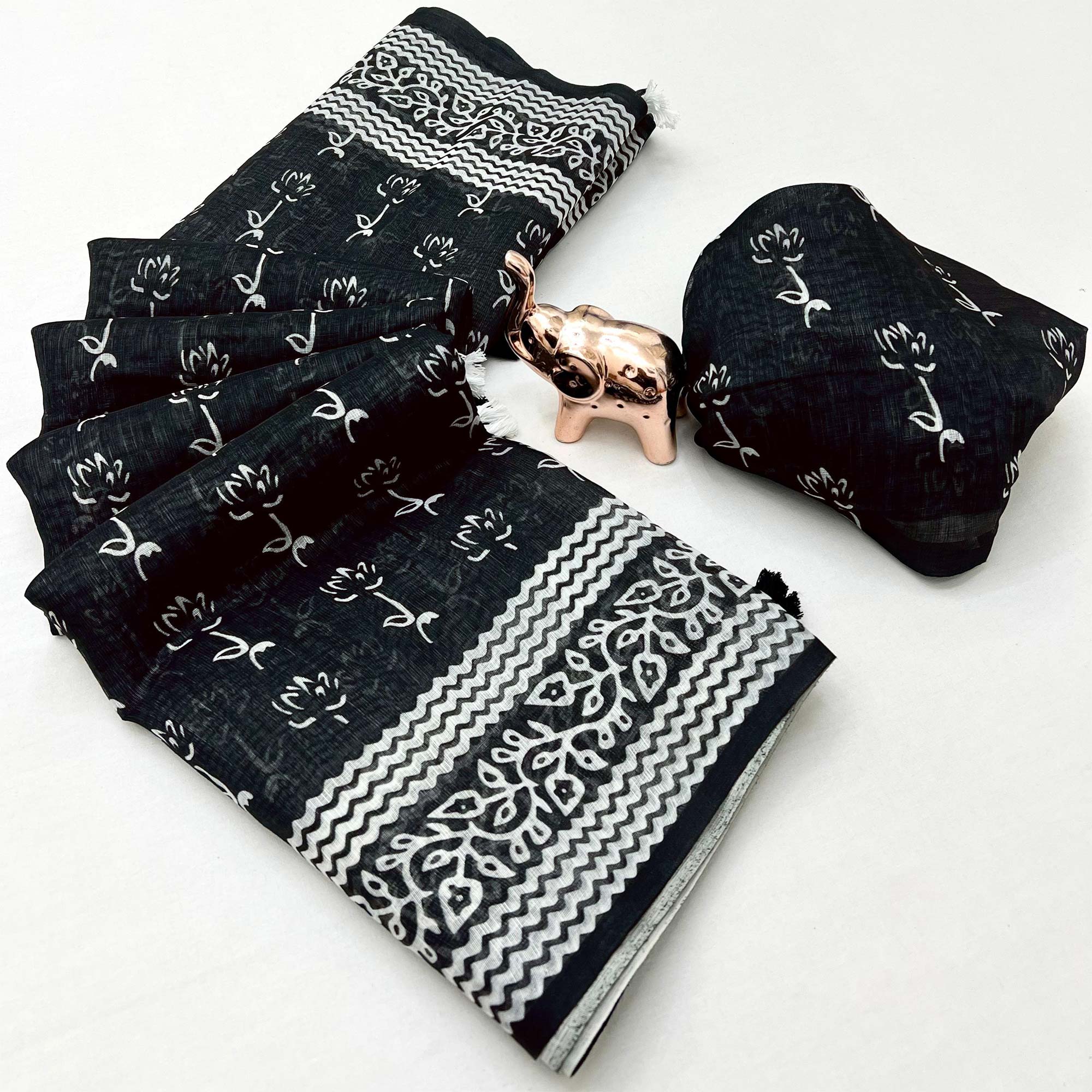 Black Soft Linen Saree with Artistic Print