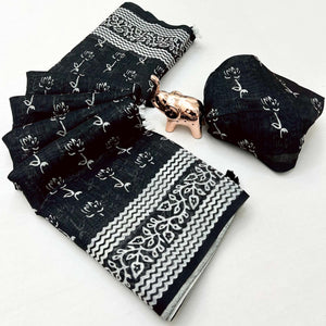 Black Soft Linen Saree with Artistic Print