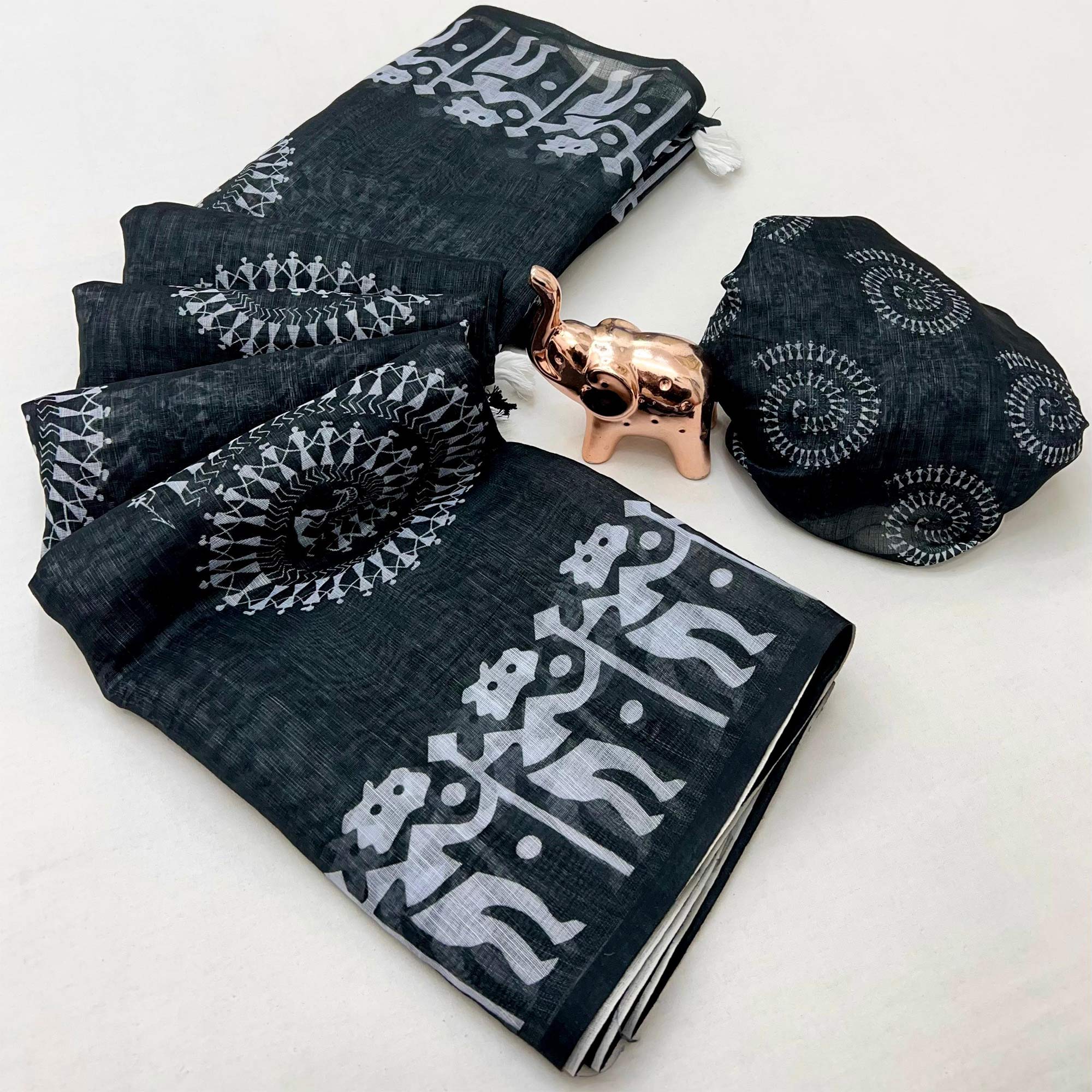 Black Soft Linen Saree with Artistic Print Detailing