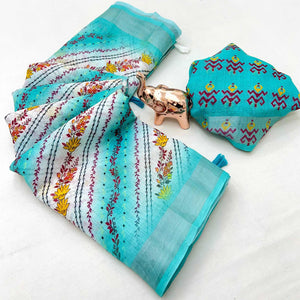 Turquoise Soft Linen Saree with Artistic Print Detailing
