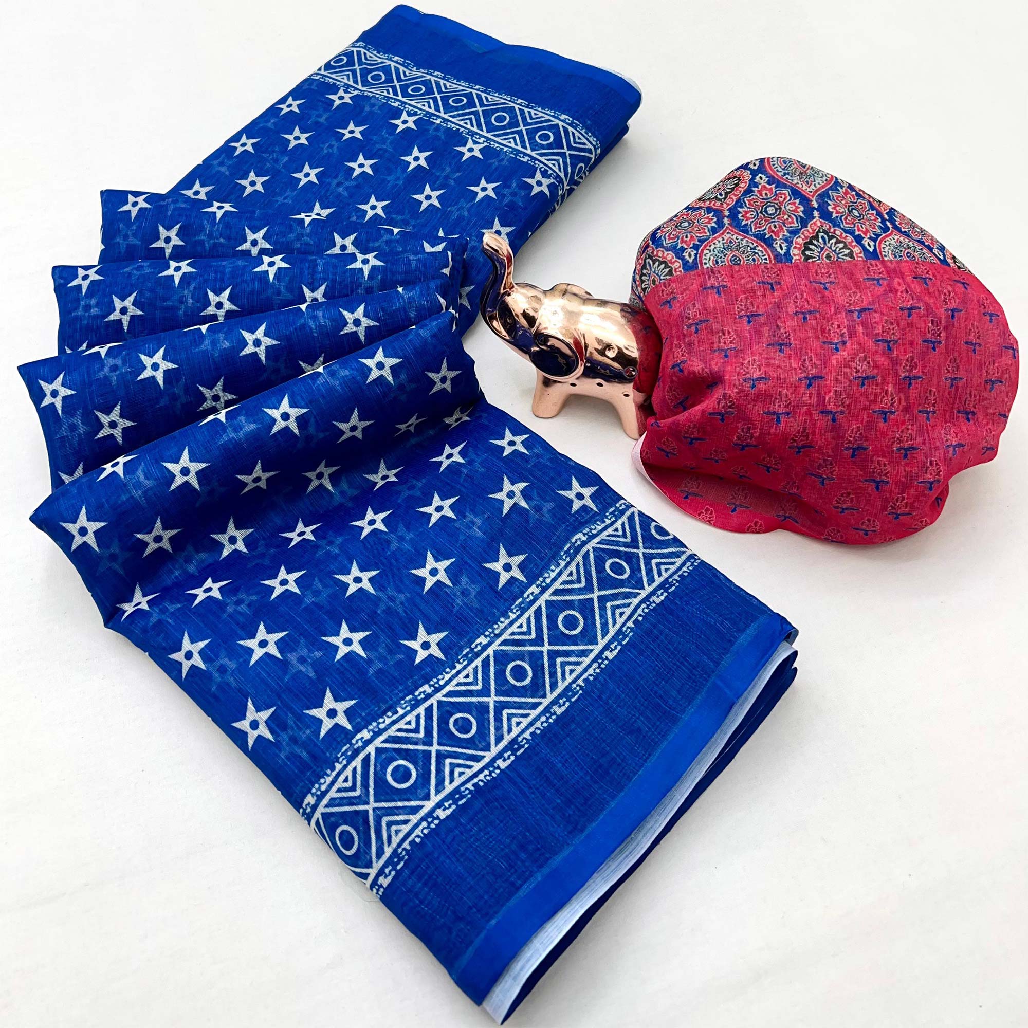 Blue Soft Linen Saree with Artistic Print Detailing