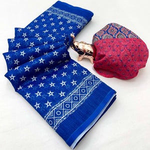Blue Soft Linen Saree with Artistic Print Detailing