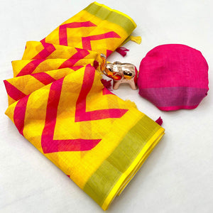 Yellow Soft Linen Saree with Artistic Print Detailing