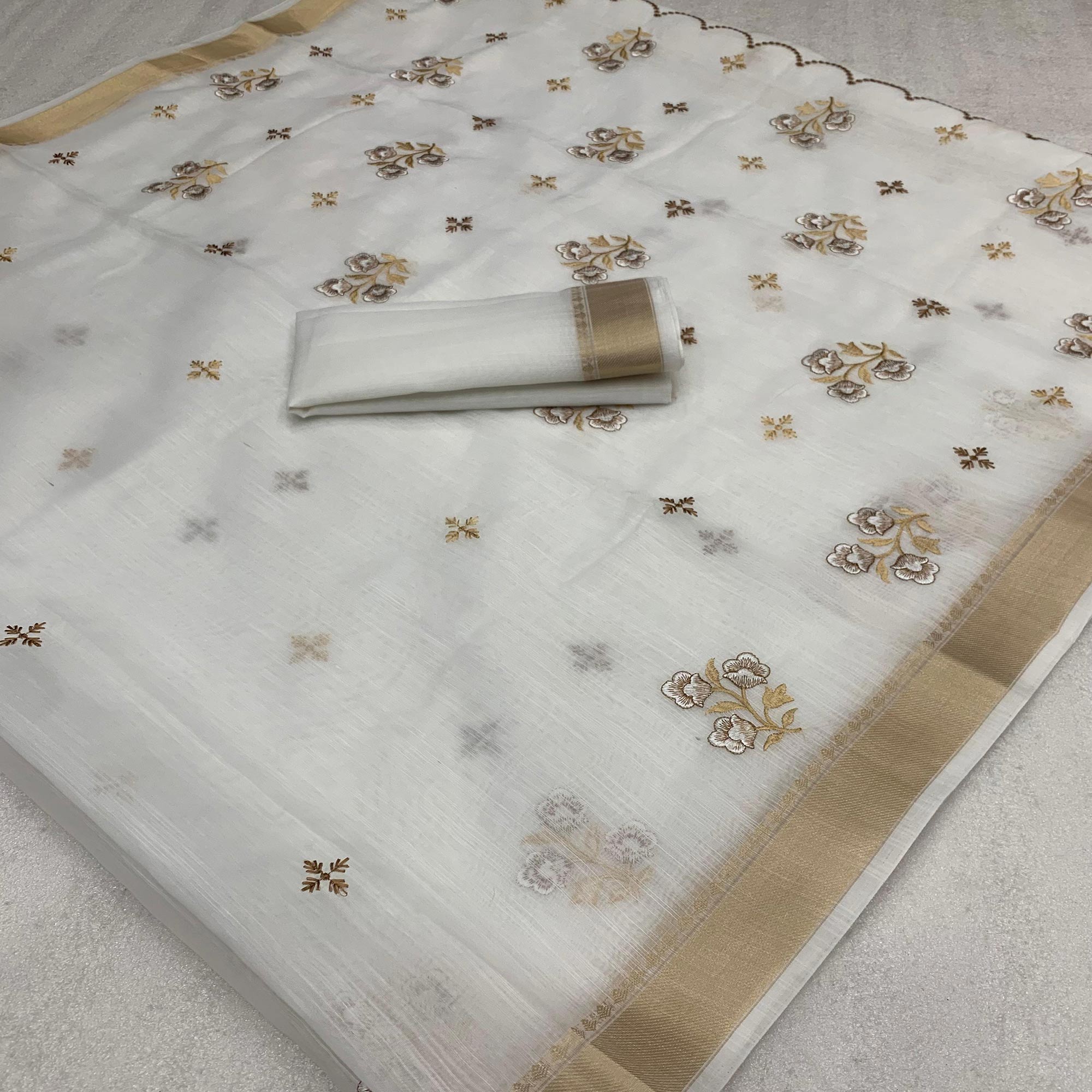 White Floral Embroidered Cotton Silk Saree Woven Border