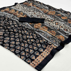 Black Ajrakh Printed Satin Saree