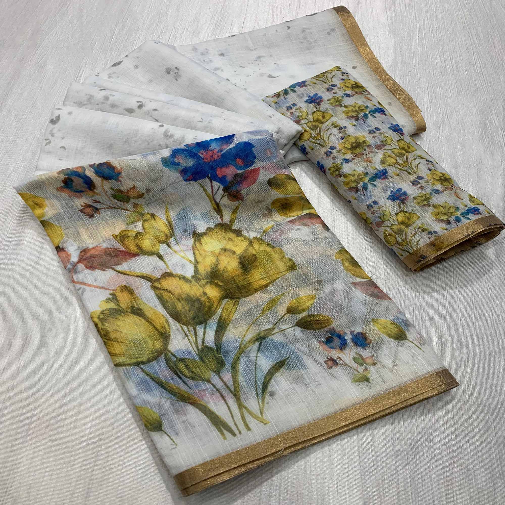 White Floral Printed Chanderi Saree