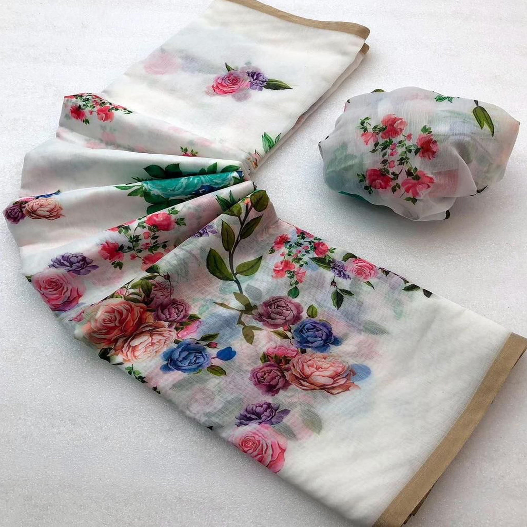 White Floral Printed Chanderi Saree