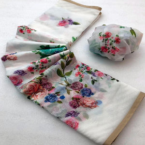 White Floral Printed Chanderi Saree