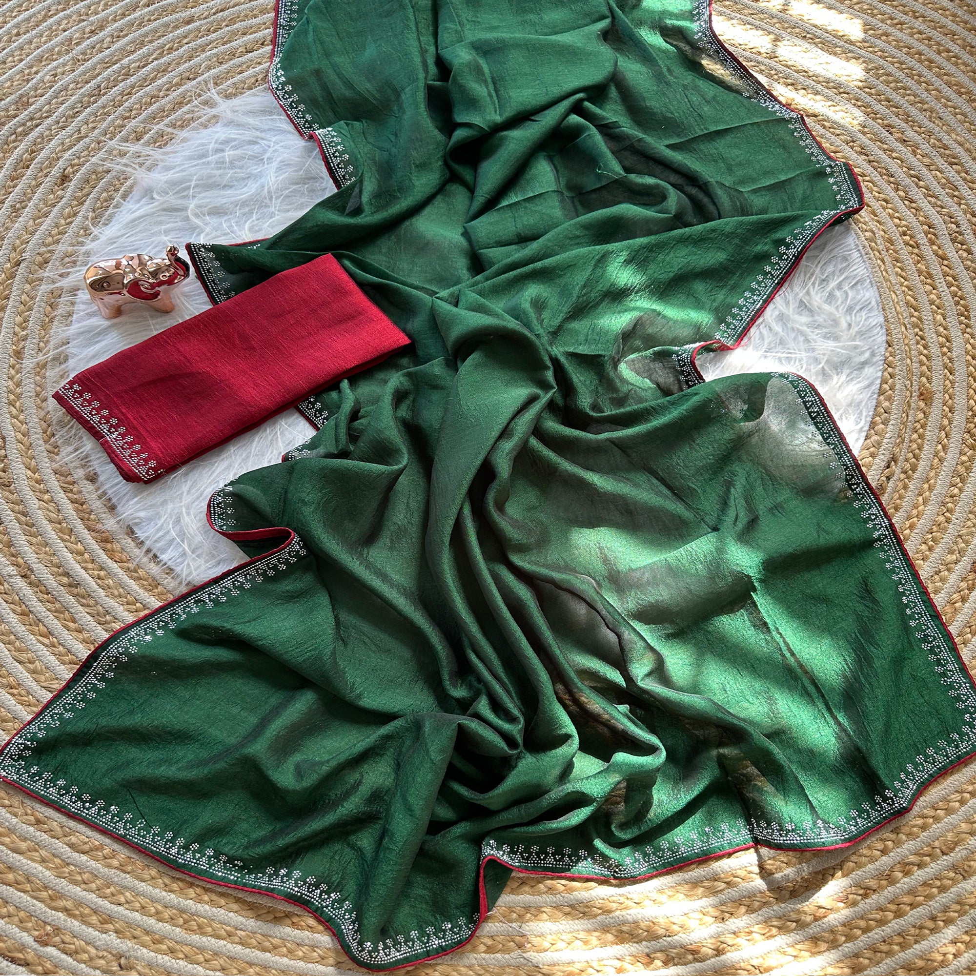 Green Partywear Vichitra Silk Saree Featuring Exquisite Swarovski Stone Work