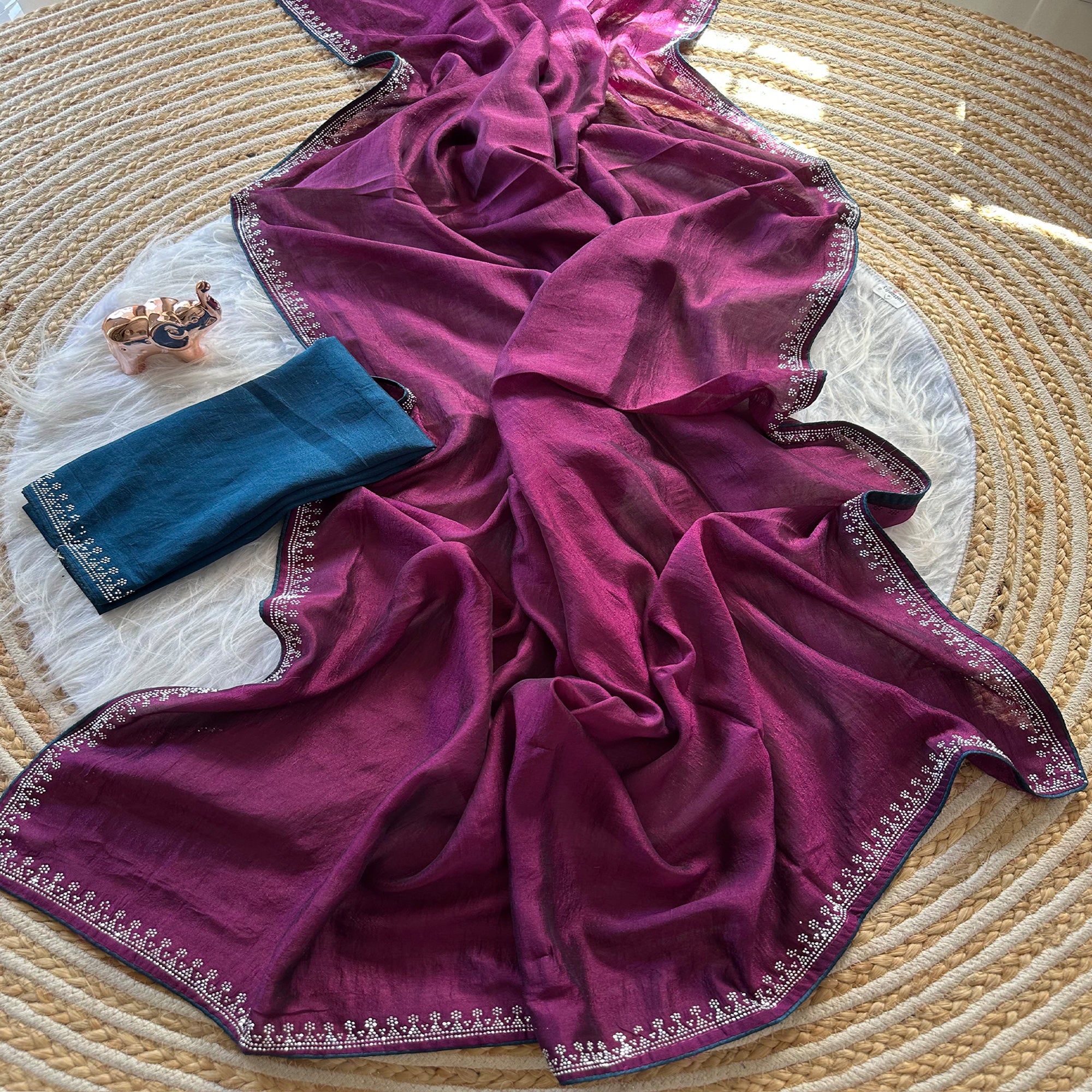 Magenta Partywear Vichitra Silk Saree Featuring Exquisite Swarovski Stone Work