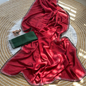 Red Partywear Vichitra Silk Saree Featuring Exquisite Swarovski Stone Work