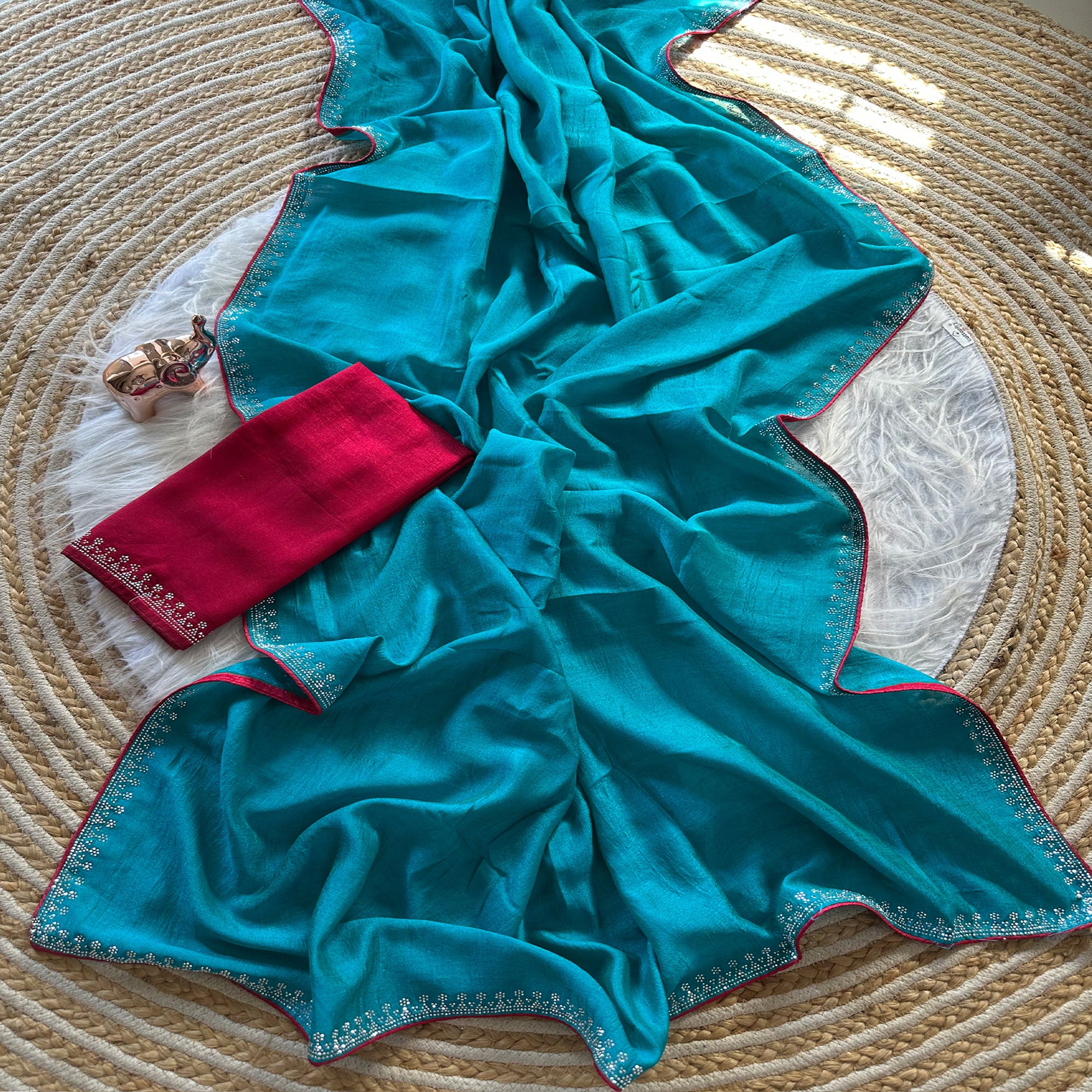 Turquoise Partywear Vichitra Silk Saree Featuring Exquisite Swarovski Stone Work