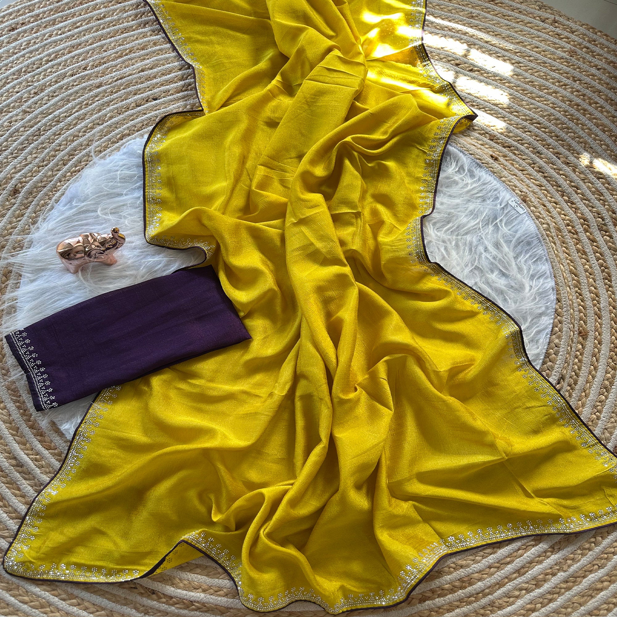 Yellow Partywear Vichitra Silk Saree Featuring Exquisite Swarovski Stone Work