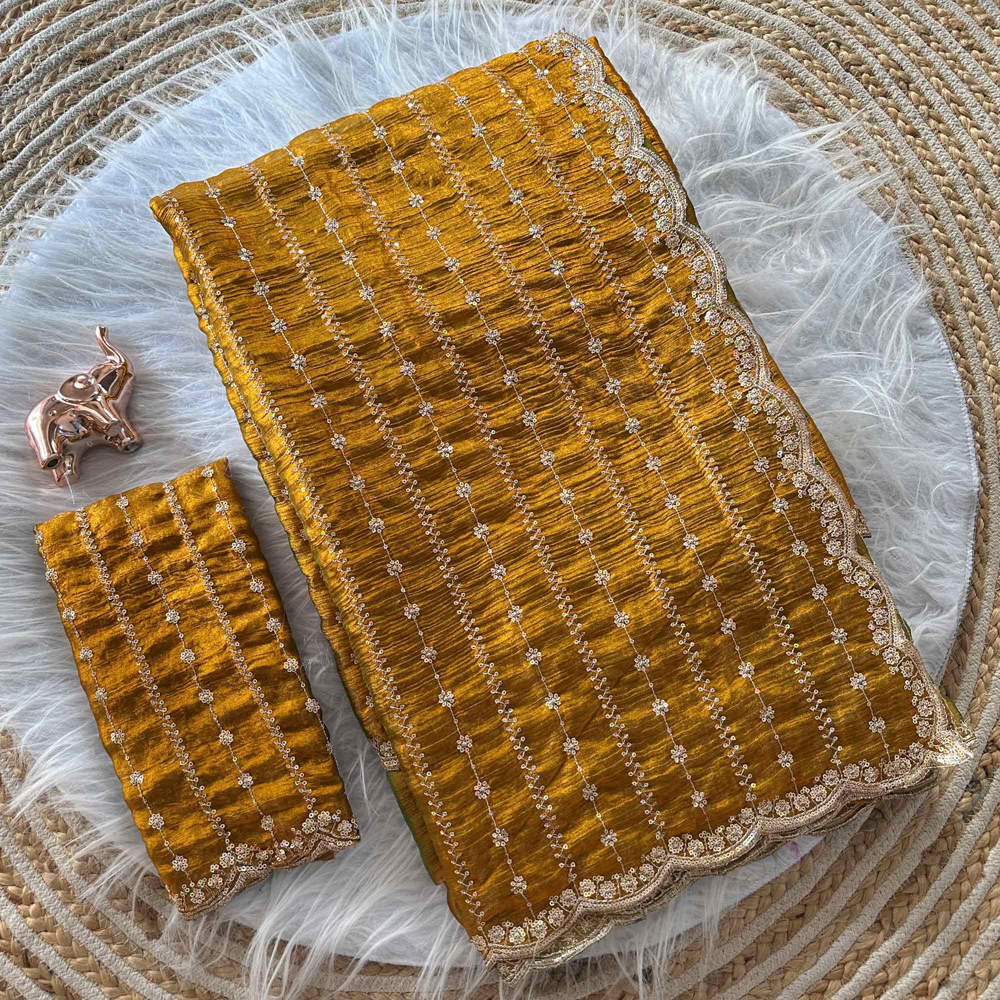 Elegant Golden Silk Saree Adorned With Floral Sequins Embroidery & Cutwork Zari Border