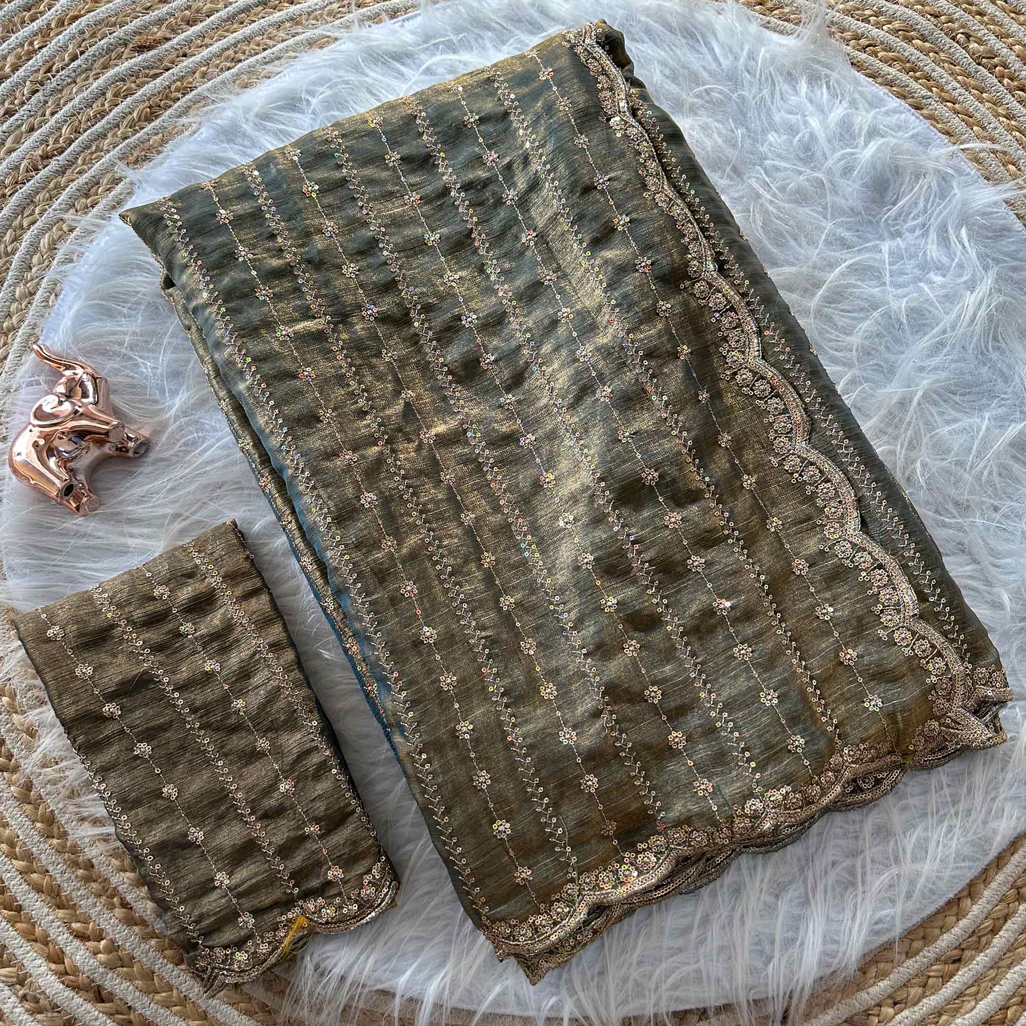 Elegant Grey Silk Saree Adorned With Floral Sequins Embroidery & Cutwork Zari Border