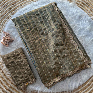 Elegant Grey Silk Saree Adorned With Floral Sequins Embroidery & Cutwork Zari Border