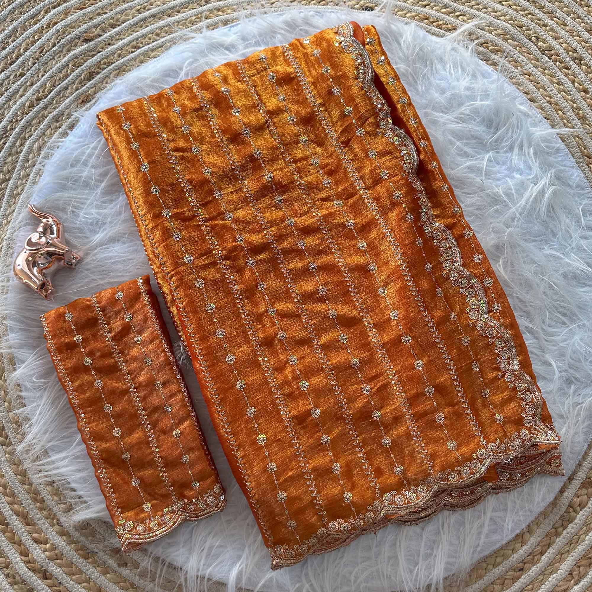 Elegant Orange Silk Saree Adorned With Floral Sequins Embroidery & Cutwork Zari Border