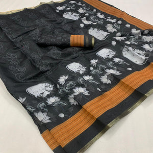 Black & Brown Printed Chanderi Saree