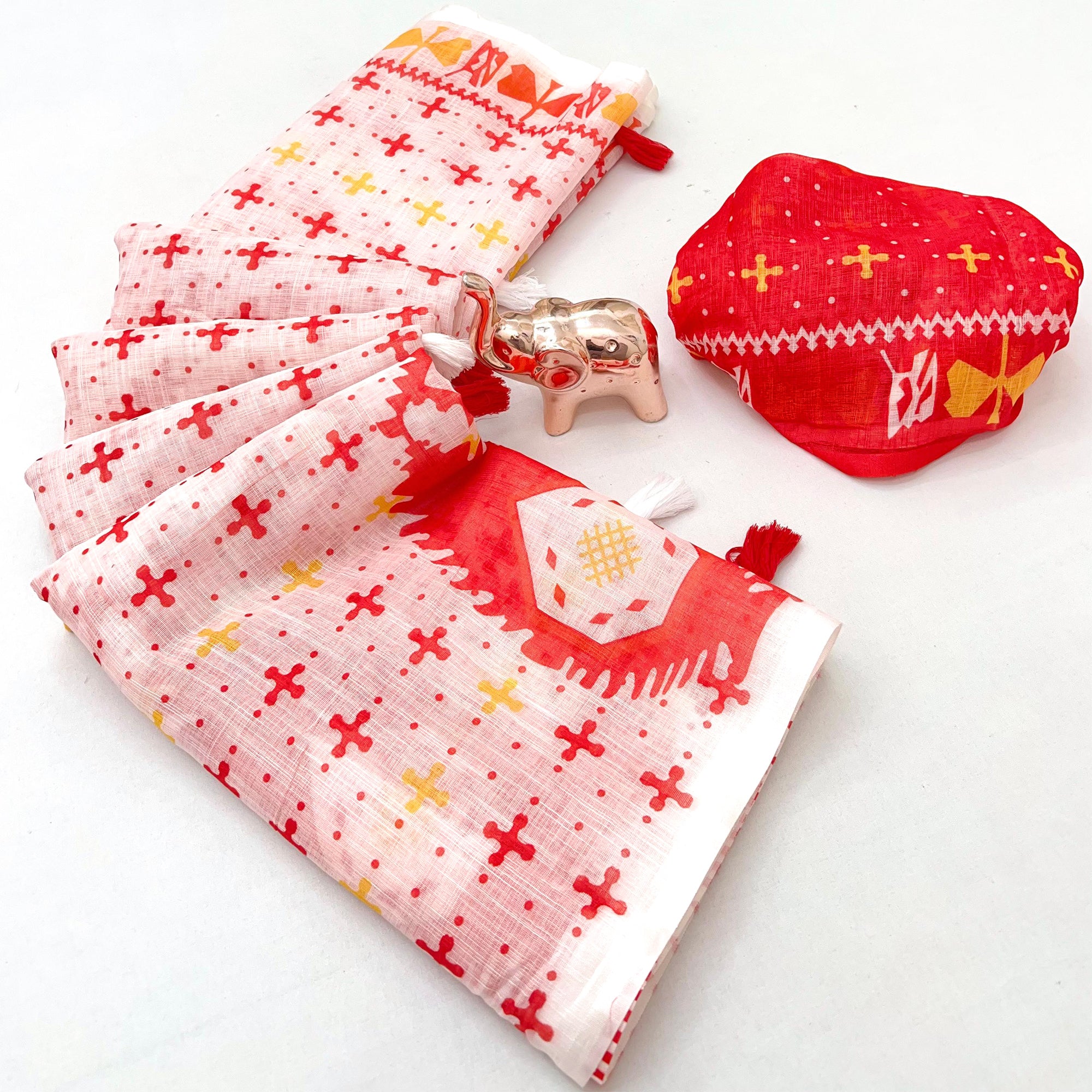 Soft & Comfortable White & Red Linen Saree with Modern Printed Styling