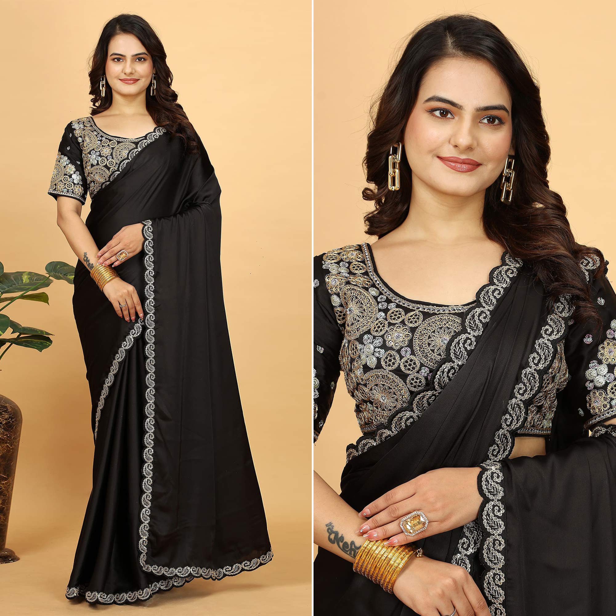 Black Solid Satin Saree With Sequins Embroidered Border