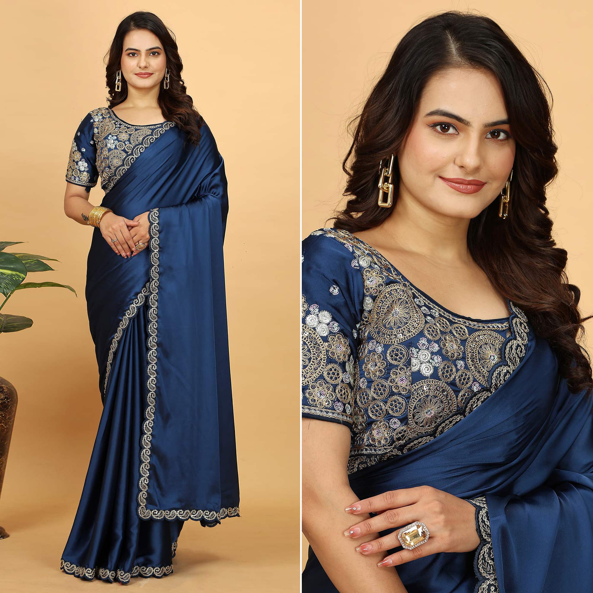 Blue Solid Satin Saree With Sequins Embroidered Border