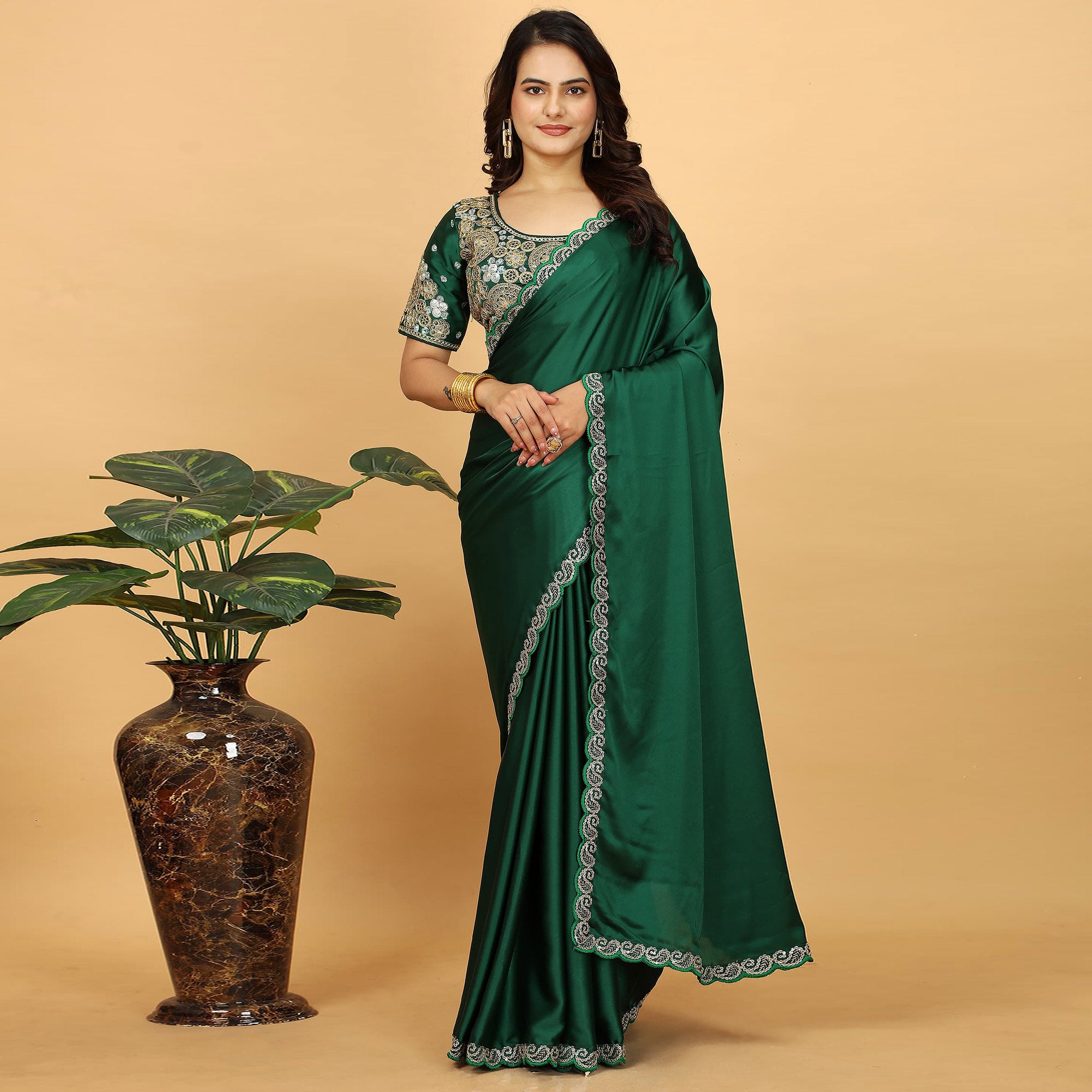 Green Solid Satin Saree With Sequins Embroidered Border