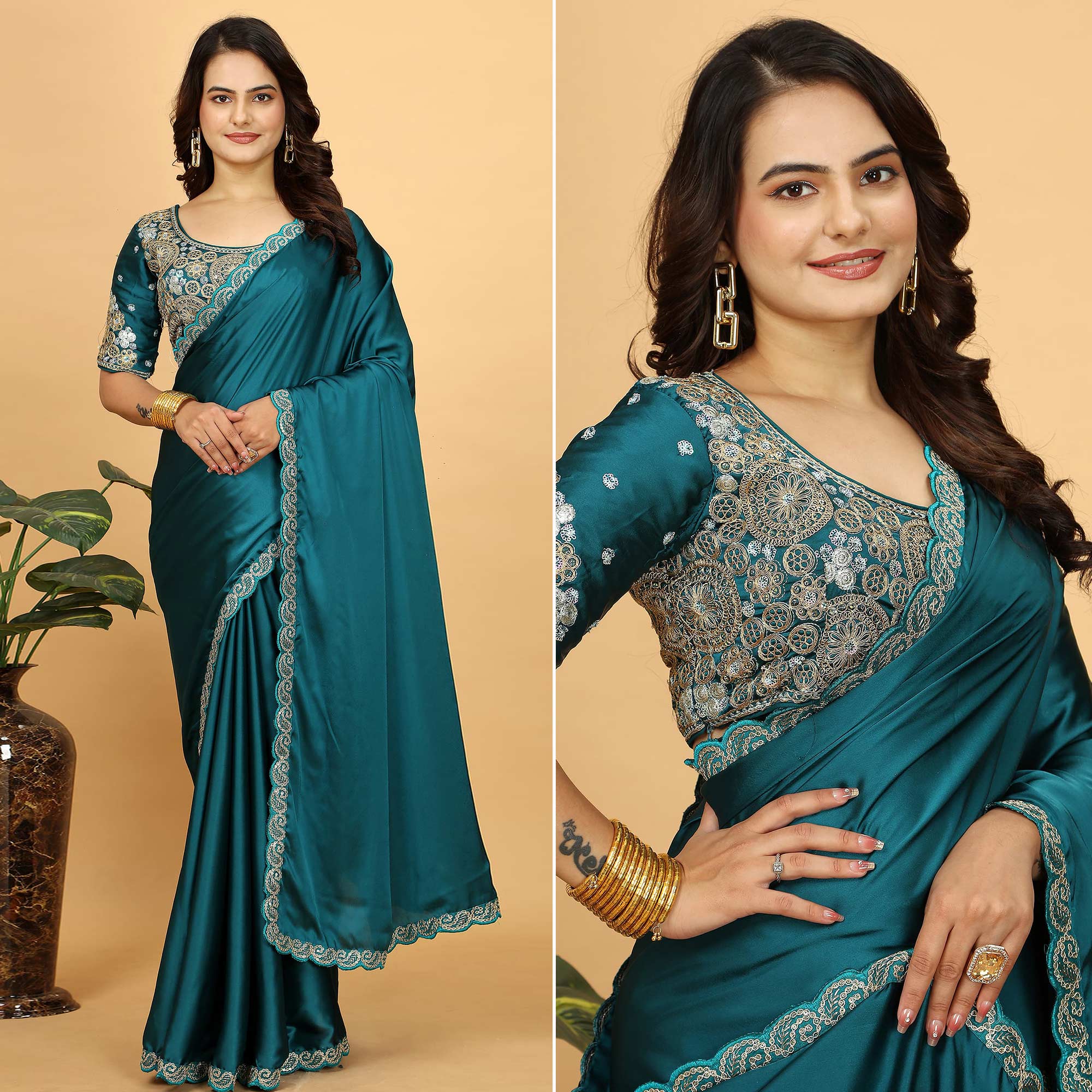 Morpich Solid Satin Saree With Sequins Embroidered Border